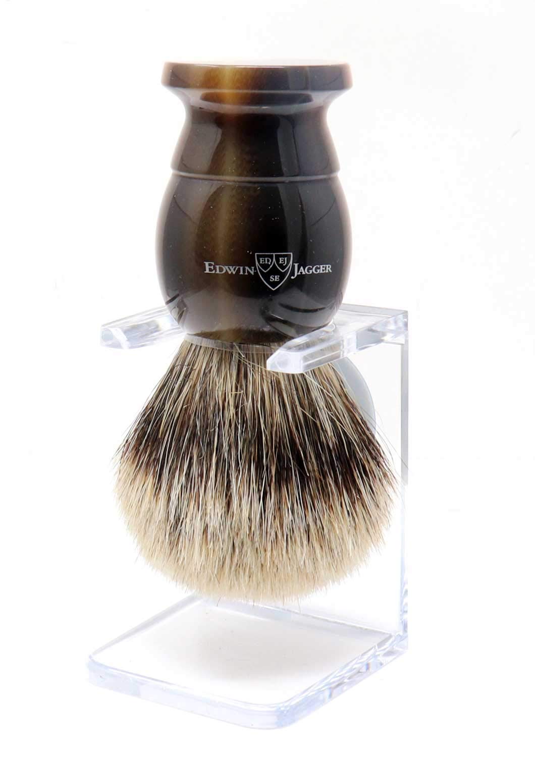 Edwin Jagger Best Badger Shaving Brush with Stand - Premium Men's Shaving Accessory for Cream & Soap - Extra Large Size in Imitation Light Horn - Perfect for Wet Shaving & Grooming Routine