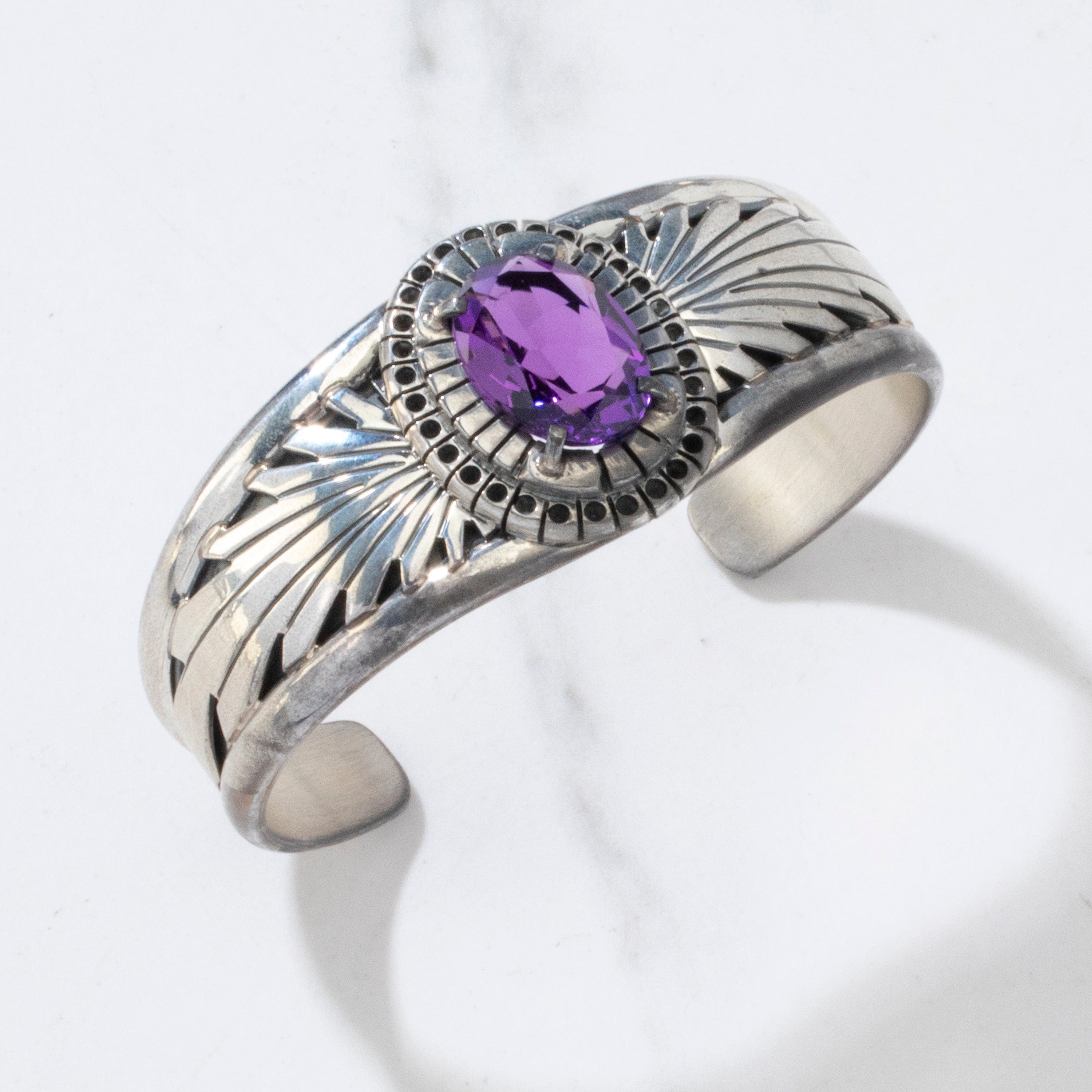 Authentic Navajo Native American Handmade 925 Sterling Silver Amethyst Cuff Bracelet - Perfect for Boho Fashion, Spiritual Healing & Gift Giving
