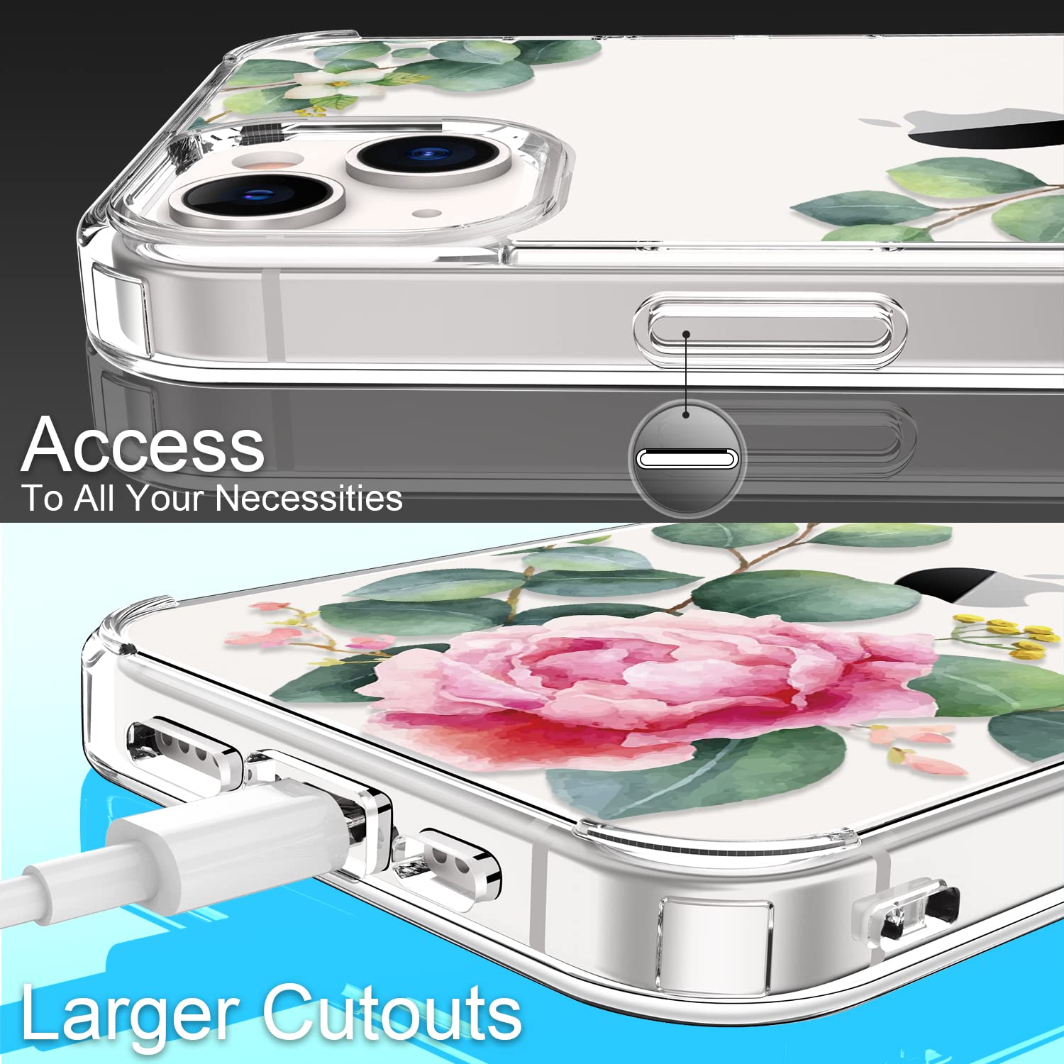 GiiKa iPhone 13 Case with Screen Protector - Clear Floral Design Shockproof Hard Case with TPU Bumper - Full Body Protection for Women & Girls - Perfect for Everyday Use, Work & Travel - Camellia Pattern
