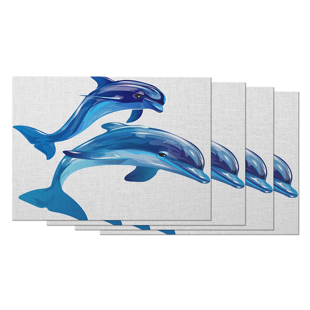 Set of 4 Cute Cartoon Blue Dolphin Placemats - 12x18 Inch Cotton Linen Table Mats for Dining, Kitchen & Picnic - Marine Life Themed Home Decor & Gift Idea