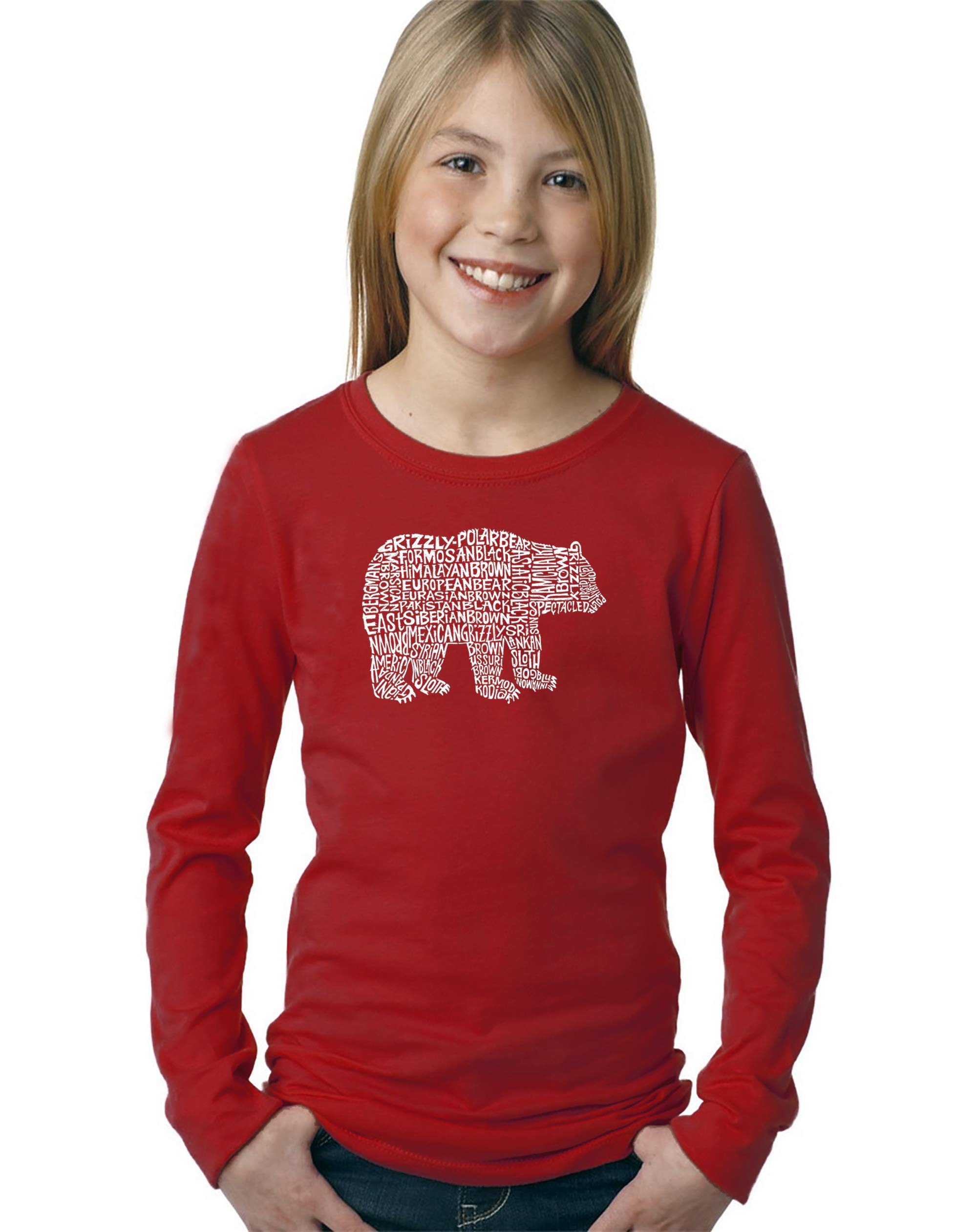 LA POP ART Girls' Word Art Long Sleeve T-Shirt - Cute Bear Design | Trendy Graphic Tee for Teens & Kids | Perfect for School, Casual Wear & Family Outings