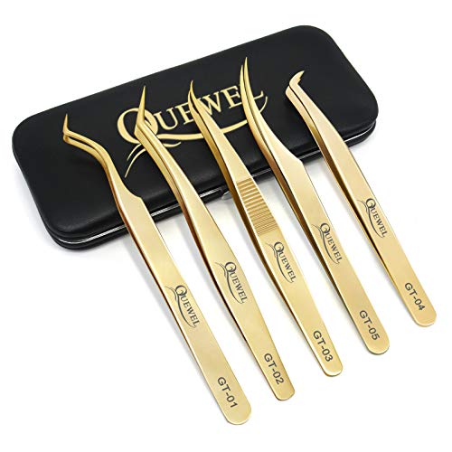 Professional 5-Piece Stainless Steel Eyelash Extension Tweezers Set - Curved & Precision Tweezers for Lash Artists - Perfect for Salon, Home Use & Professional Lash Applications