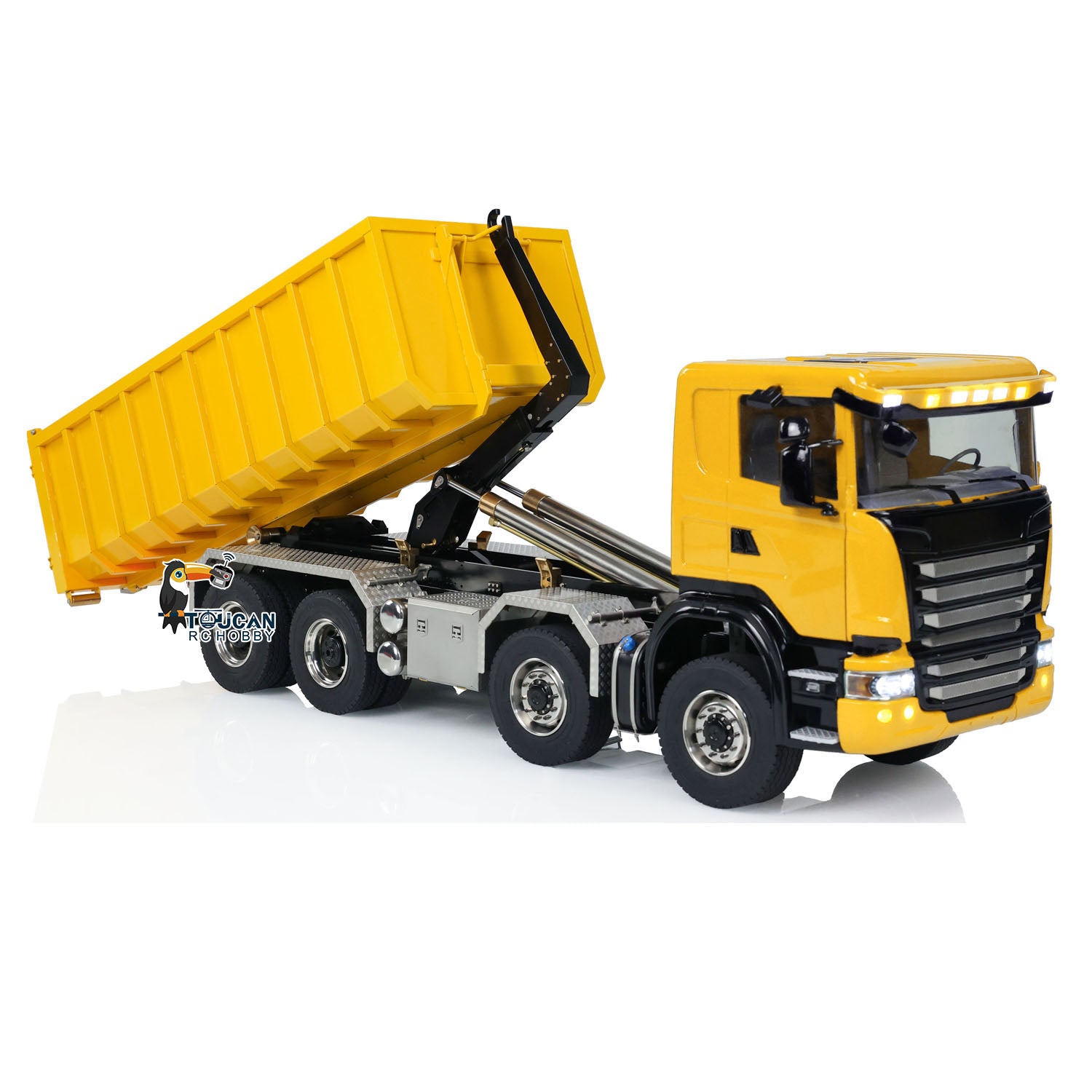 1/14 Scale Metal RC Hydraulic Dump Truck with Remote Control - U-Shaped High Bucket & Timber Flatbed for Construction, Mining, and Off-Road Play