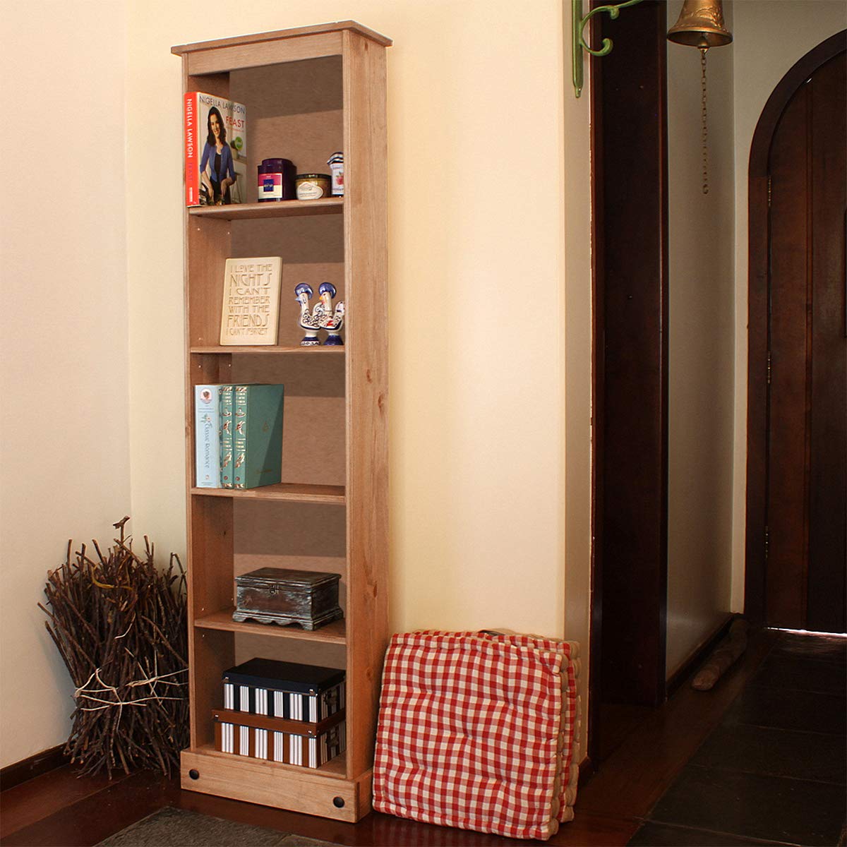 Narrow Corner Bookshelf for Laundry Room - Antique Brown Storage Cabinet with Shelves - 18.11