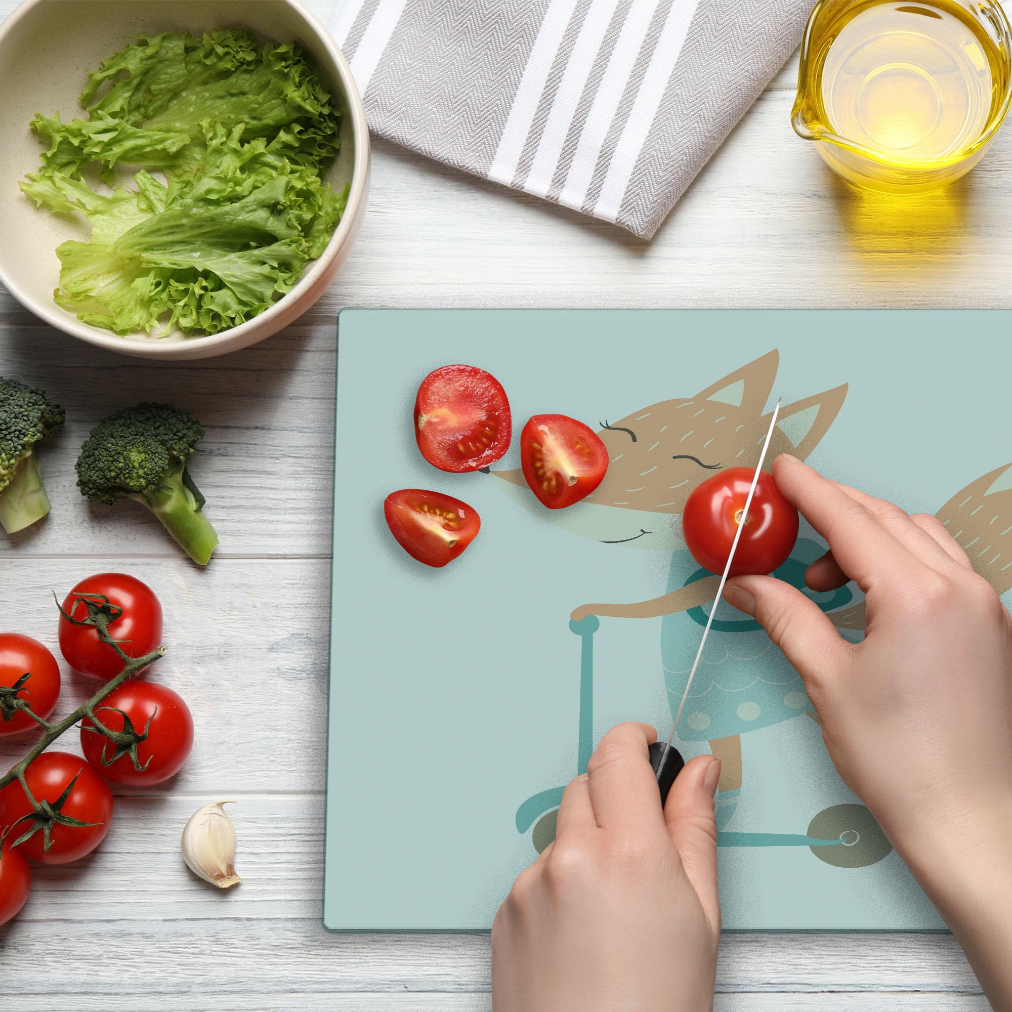 Ambesonne Fox Tempered Glass Cutting Board - Happy Animal with Scooter & Bag Design - Large Decorative Serving Board for Kitchen & Dining - Perfect for Charcuterie, Cheese, and Party Platters