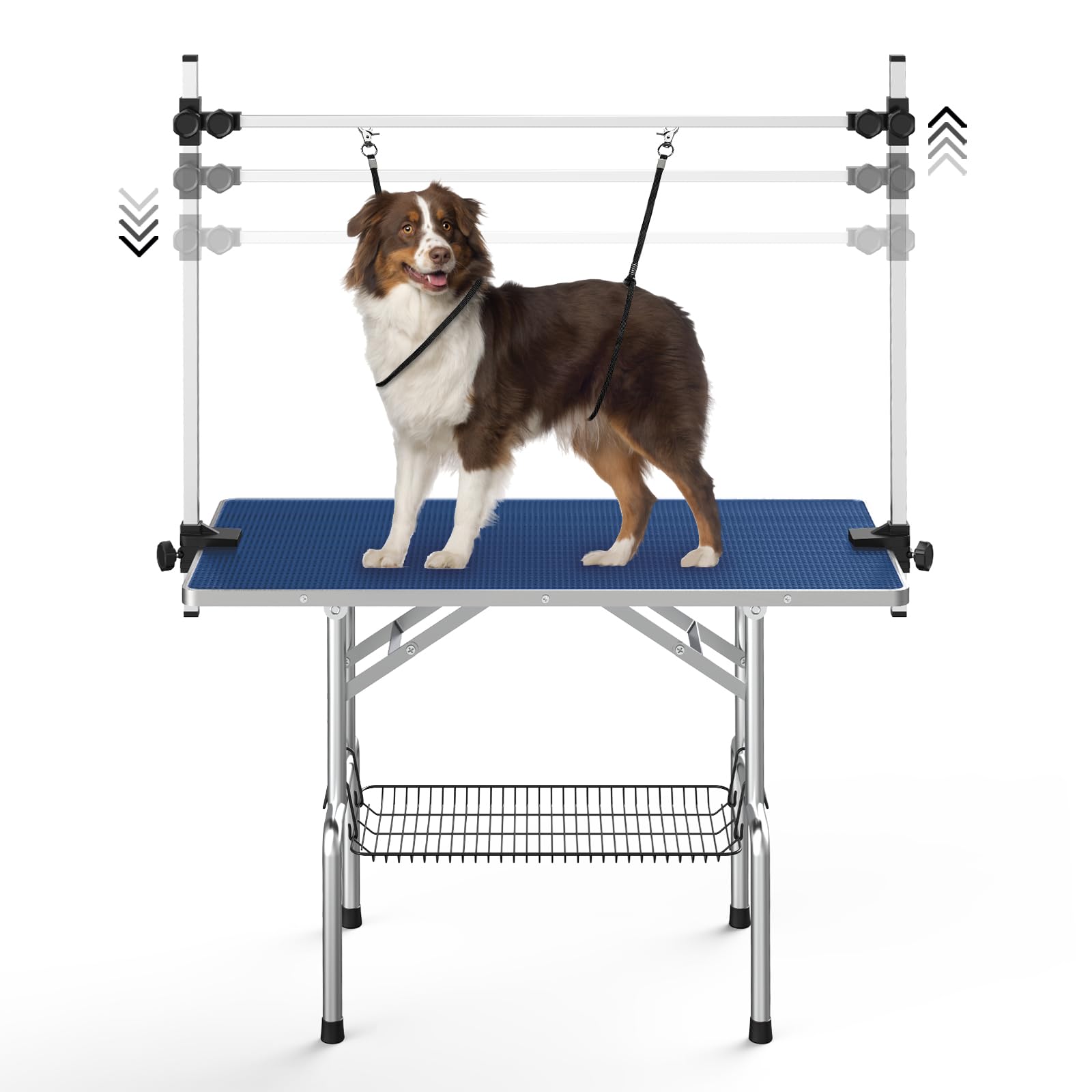 Premium Adjustable Dog Grooming Table - Large Foldable Pet Bathing & Drying Desk with Safety Arms, Noose & Mesh Tray | Supports 330Lbs (36in Navy) | Perfect for Professional Groomers & Home Pet Care