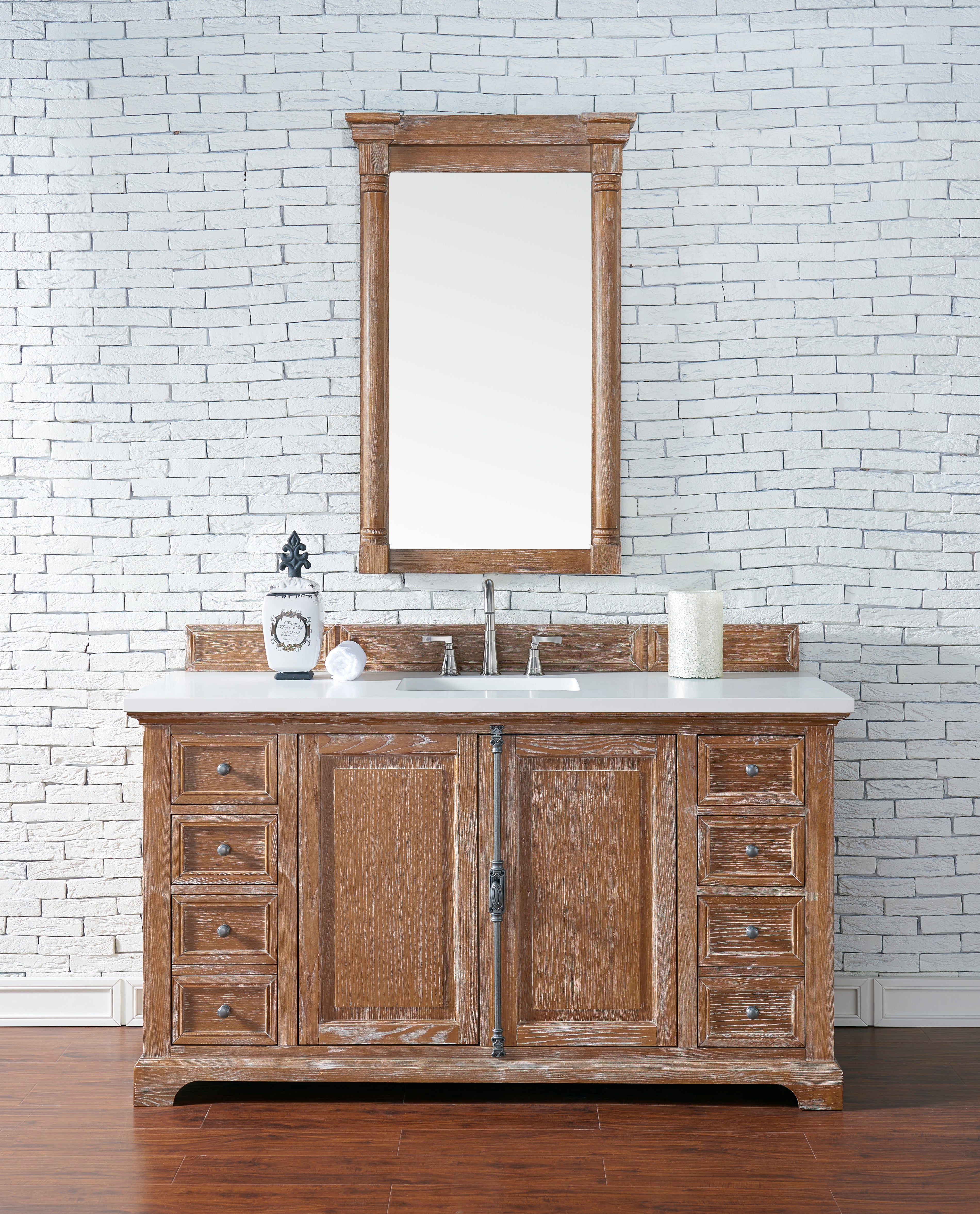 Providence 60 Inch Single Bathroom Vanity Set with Driftwood Cabinet & 3CM White Zeus Quartz Countertop - Perfect for Modern Master Bathrooms & Powder Rooms