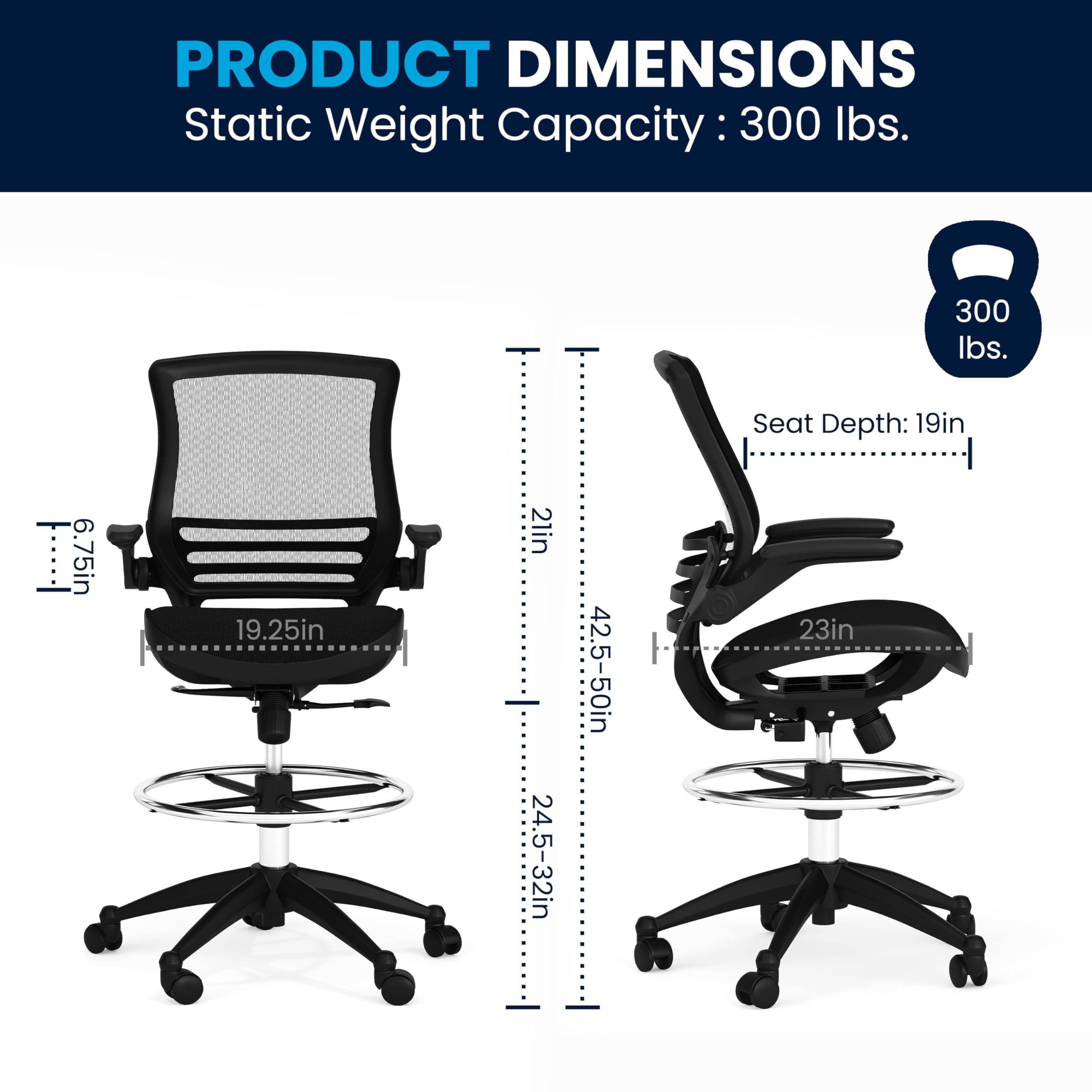 EMMA + OLIVER Black Mesh Drafting Chair with Flip-Up Arms - Ergonomic Mid-Back Office Chair for Architects & Designers - Perfect for Home Office, Studio, and Drafting Table Workspaces