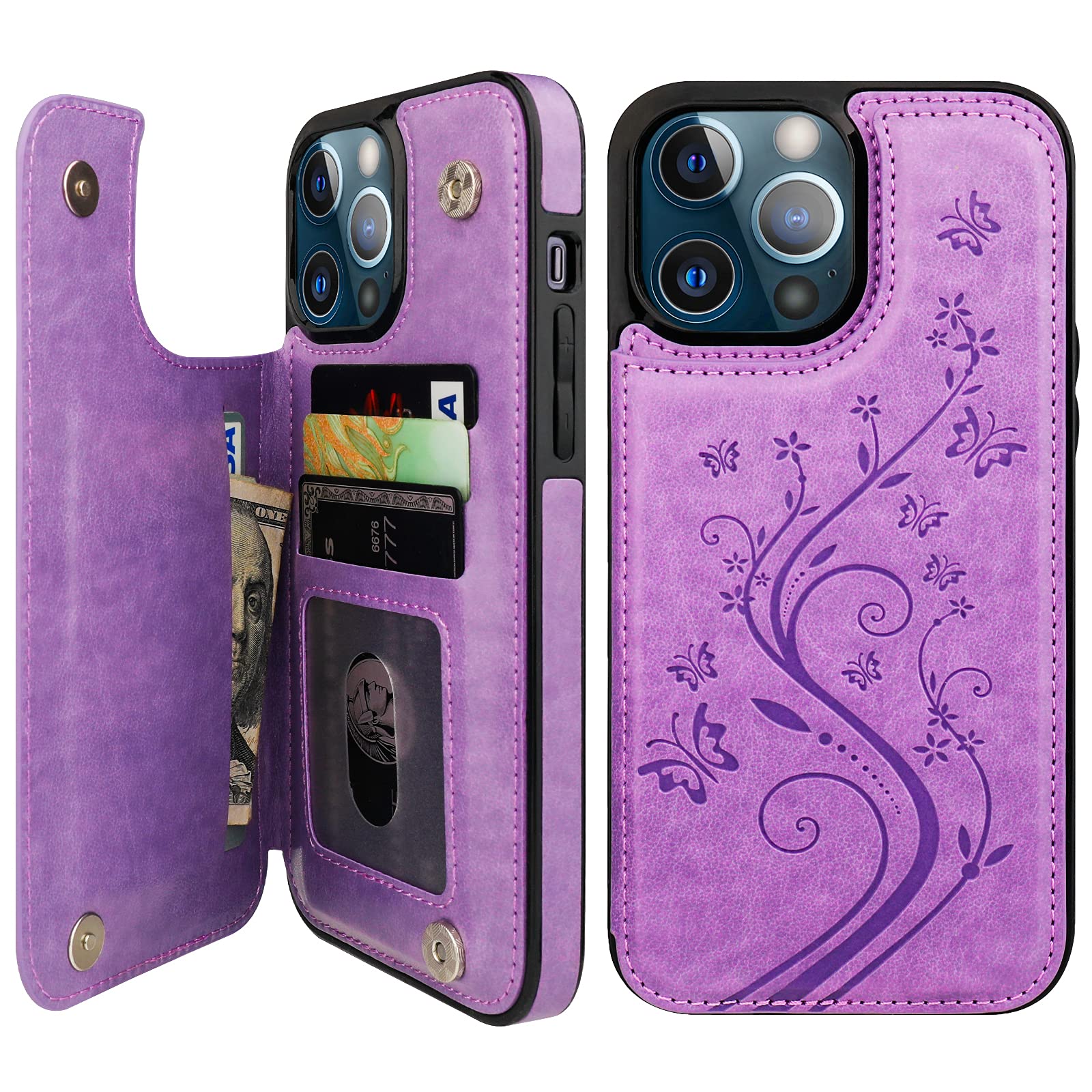 Vaburs iPhone 13 Pro Max Wallet Case with Card Holder - Embossed Butterfly PU Leather Flip Cover, Magnetic Car Mount Compatible, Shockproof Protection for 6.7