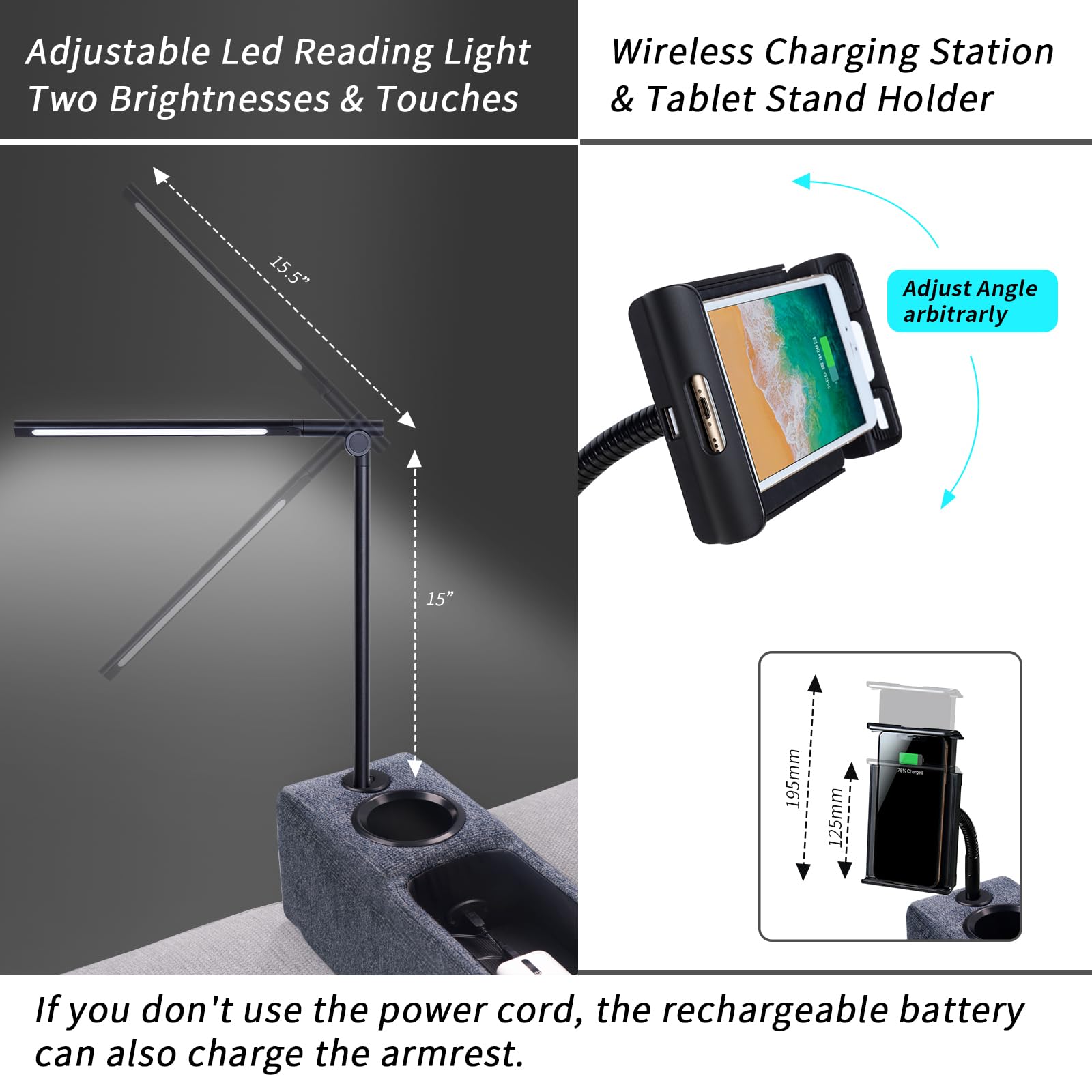 Multifunctional Sofa Armrest with Wireless Charger & Storage - Removable Couch Caddy with LED Reading Light, Navy Blue - Perfect for Living Room, Bedroom & Office Comfort