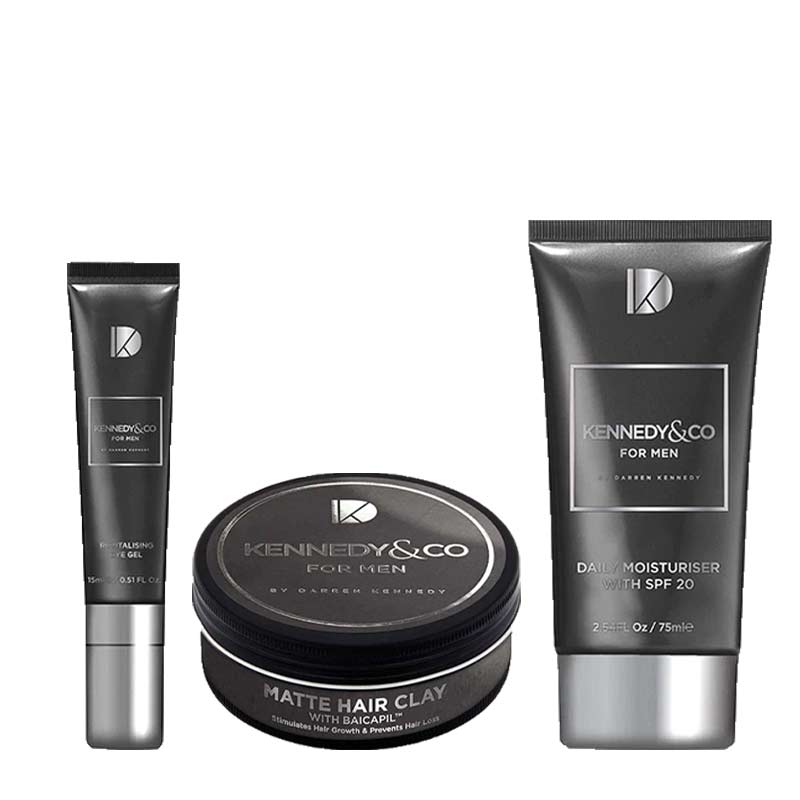 Kennedy & Co Men's Skincare & Grooming Gift Set - Hydrating Moisturizer, Revitalizing Eye Gel, Styling Hair Clay - Perfect for Birthday, Anniversary & Father's Day Gifts