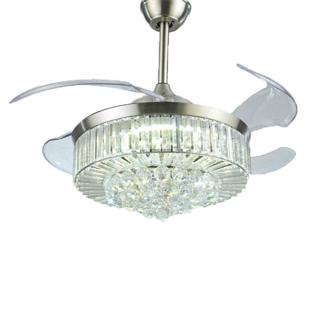 Dimmable Crystal Ceiling Fan with Lights & Remote Control - Retractable Chandelier Fan, LED Ceiling Light for Bedroom, Living Room & Indoor Use | Elegant Home Decor & Air Circulation Solution