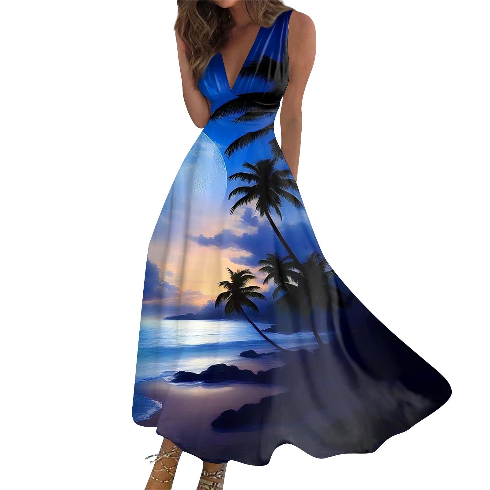 Yesunpxs Women's Summer Maxi Dress 2024 - Sleeveless Wrap V-Neck Floral Print Sundress, Elegant Flowy Beach Dress for Vacation, Party & Casual Wear