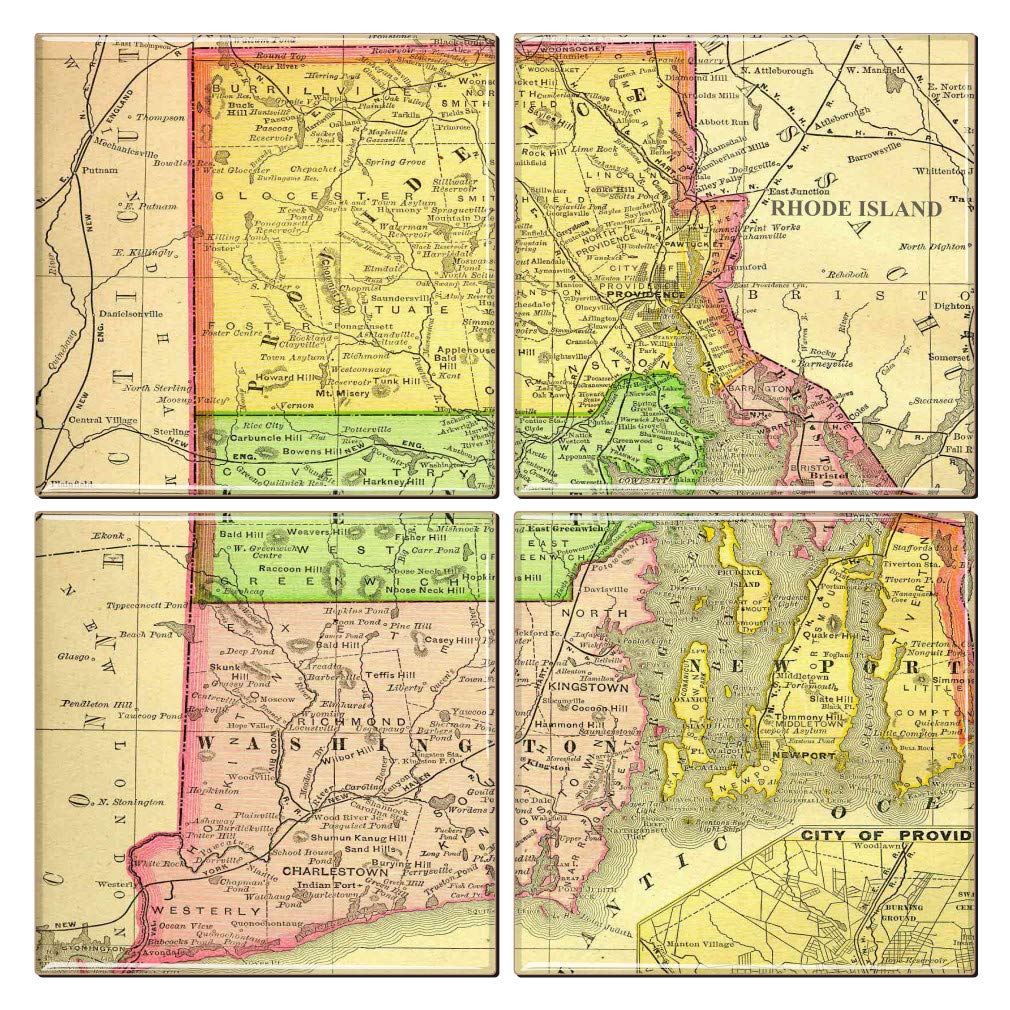 Vintage Map Rhode Island Coasters Set of 4 - Absorbent Cork Backed Drink Coasters for Home Bar, Office, and Party Use