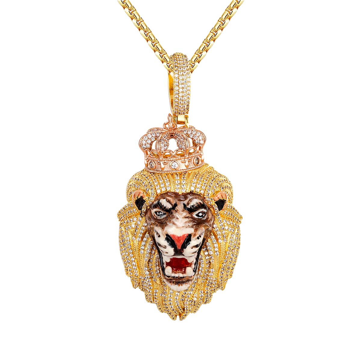 Roaring Lion 3D Crown Yellow Gold Hip Hop Pendant Necklace - Bold Statement Jewelry for Rappers & Streetwear Fashion