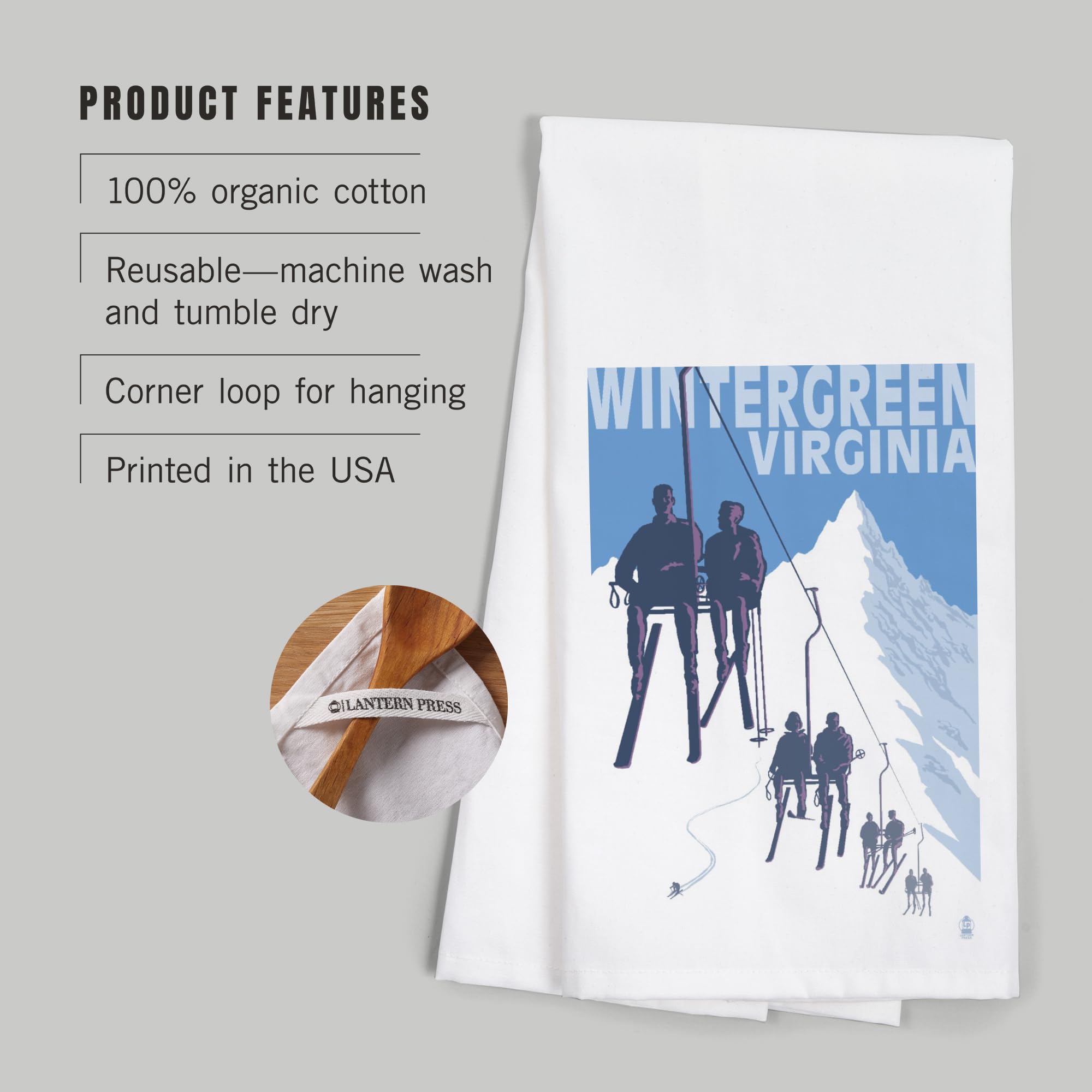 Wintergreen Virginia Skiers on Lift - 100% Cotton Tea Towel, Decorative Hand Towel for Kitchen & Home - Perfect for Dish Drying, Gift Giving & Cabin Decor