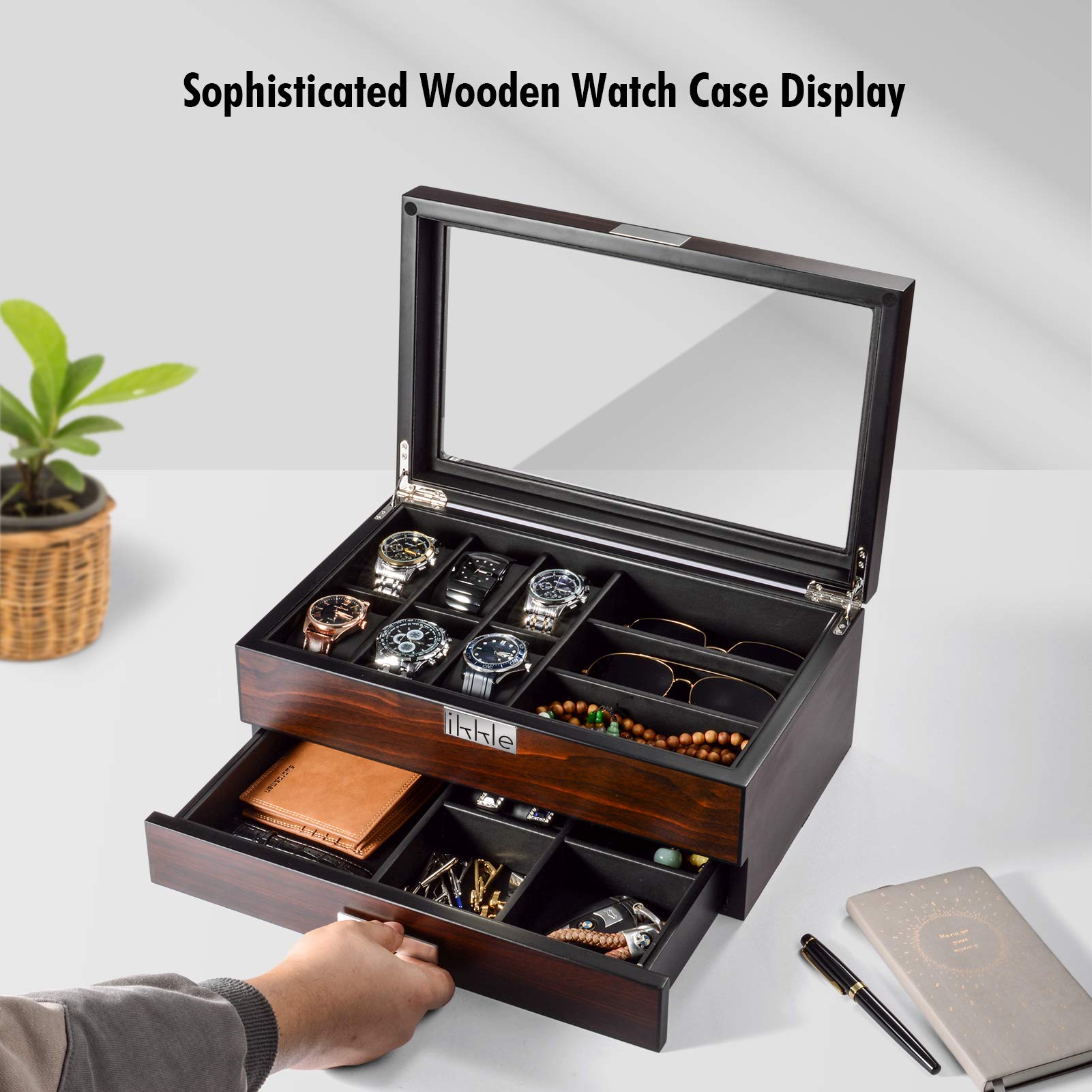 Premium Wooden Watch Box Organizer for Men - Luxury Valet Drawer & Glass Top Display Case - Jewelry Storage Gift for Him - Perfect for Watch Collectors & Fashion Accessories Organization