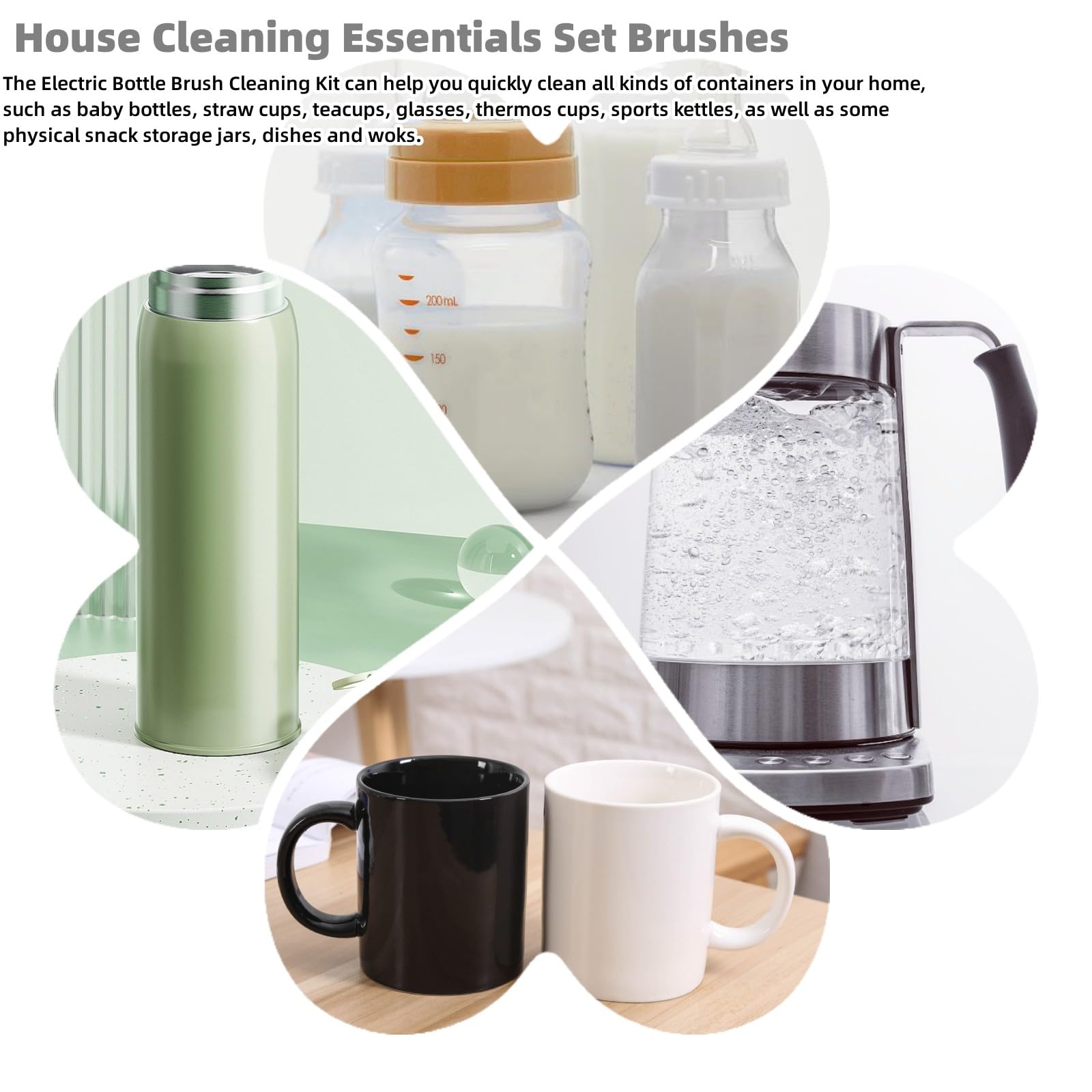 Electric Bottle Brush Set - 3 Replaceable Silicone Baby Bottle Brushes with Extension Handle | Waterproof & Durable | Perfect for Baby Bottles, Sippy Cups & Water Bottles | Essential Cleaning Tool for Nurseries & Kitchens (Grey)