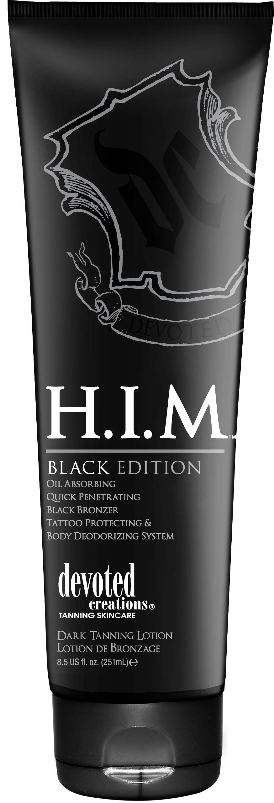 Devoted Creations H.I.M. Black Edition - Fast Absorbing Tanning Lotion with Bronzer, 8.5 oz - Oil Control for Dark, Natural-Looking Tan - Perfect for Indoor & Outdoor Tanning Sessions