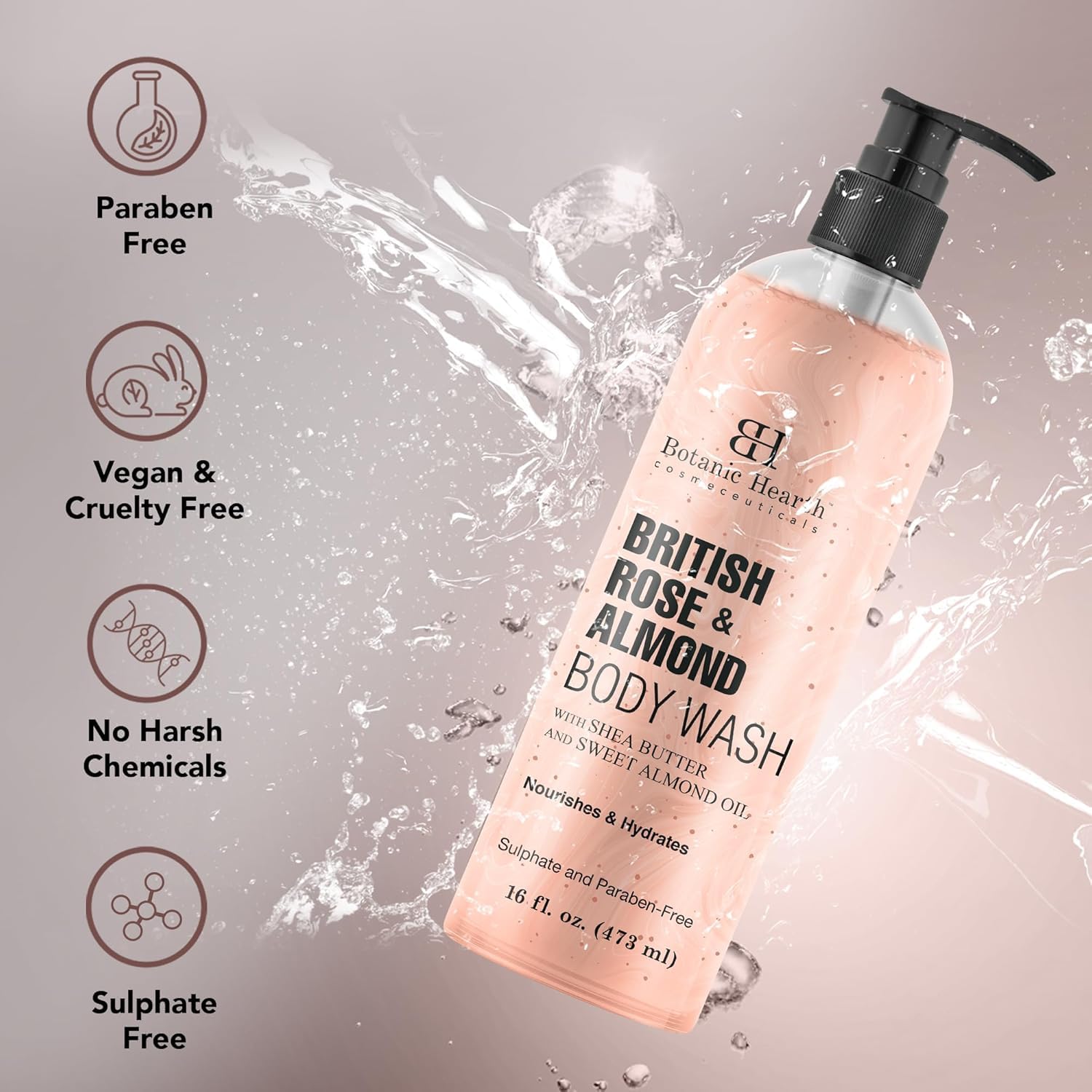 Botanic Hearth British Rose & Almond Body Wash with Shea Butter - Moisturizing Shower Gel for Soft, Smooth Skin | Sulfate & Paraben Free | 16 fl oz | Perfect for Daily Hydration & Relaxing Bath Time