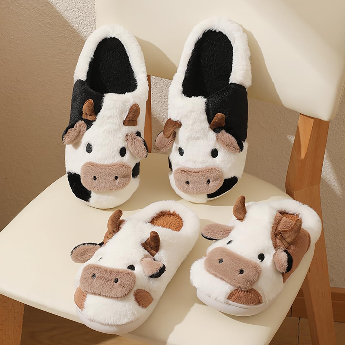 Women's Cute Cow Slippers - Warm Winter Animal House Shoes with Fluffy Soft Fur | Perfect for Indoor Comfort, Gifts & Kawaii Homewear