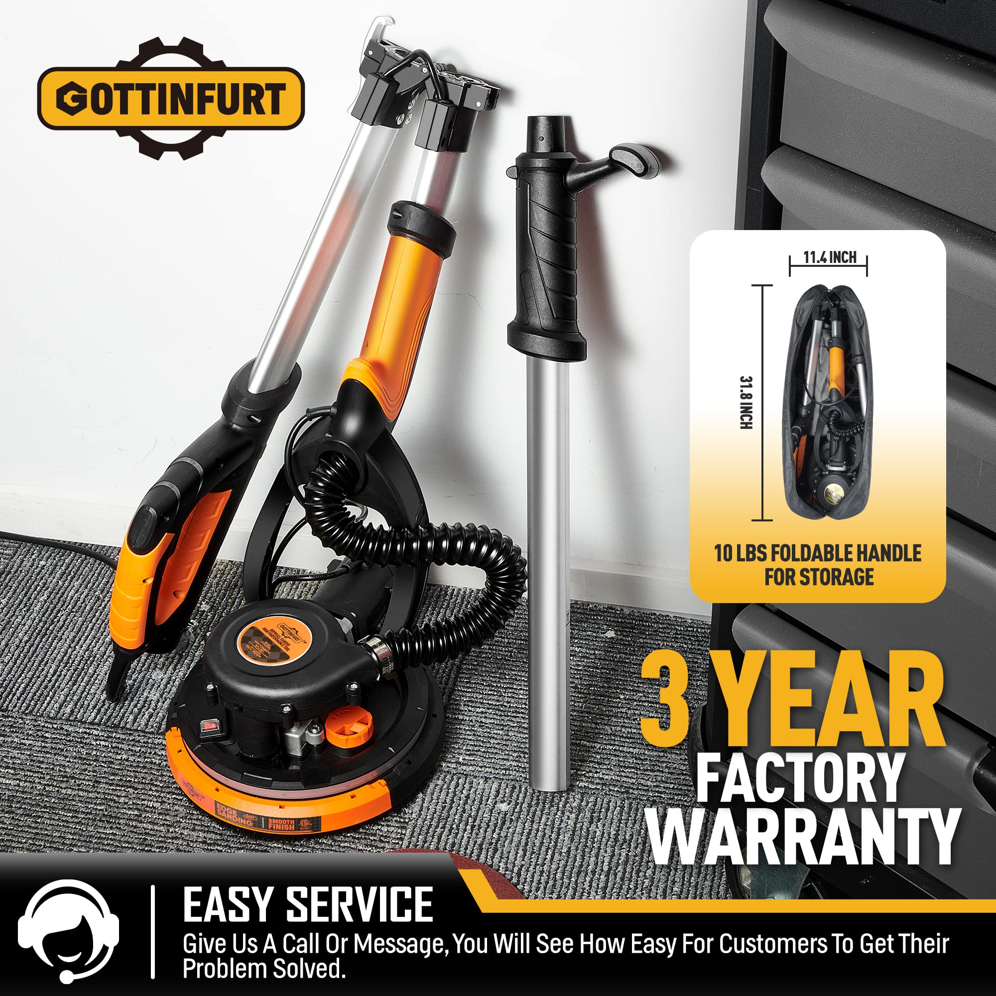 Electric Drywall Sander with Vacuum - 7 Speed Adjustable (900-1800 RPM), 95.5% Dust Removal, 14ft Hose & 26ft Power Cord - Perfect for Ceiling Sanding, Wall Smoothing & DIY Home Renovation Projects