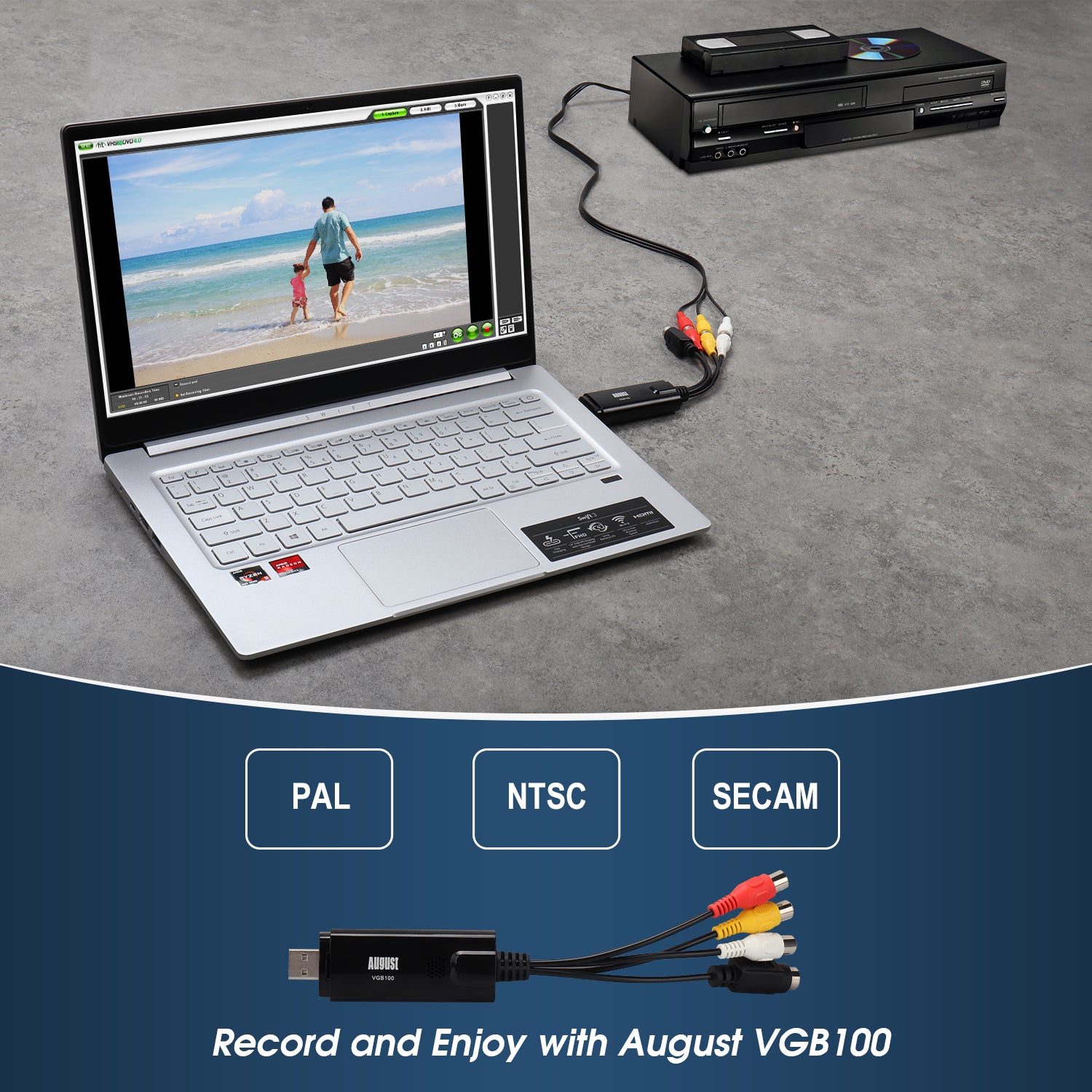 VHS to DVD Converter - VHS Video Capture Card for Windows, Digital Video Grabber for VHS & Hi8 Tapes - August VGB100 - Perfect for Digitizing Home Movies & Archiving Old Videos
