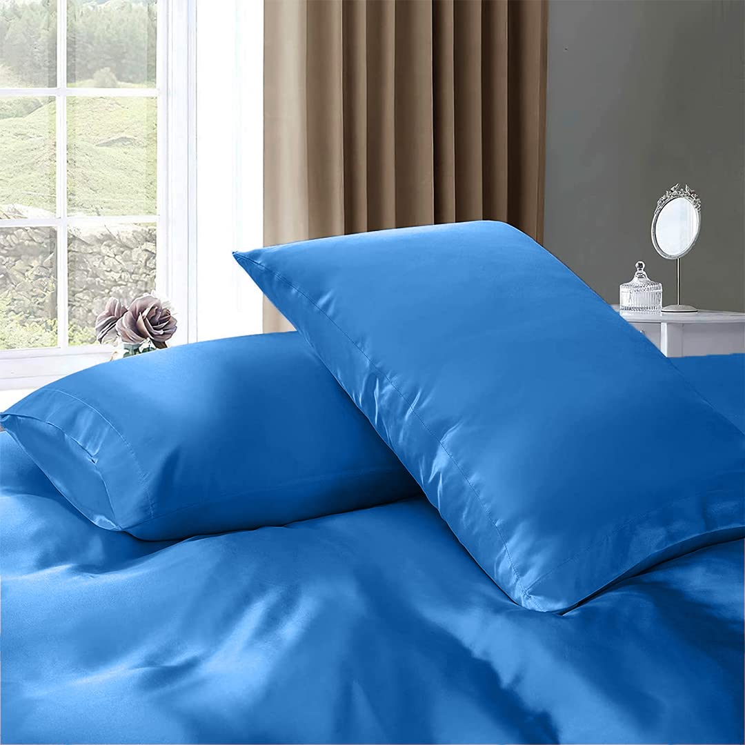 Luxury Twin XL Silk Satin Sheet Set - 7 Piece Hotel Quality Bedding with Deep Pockets - Breathable Cooling Wrinkle-Free Comfy Medium Blue - Perfect for Master Bedroom, Guest Room & Luxury Hotels