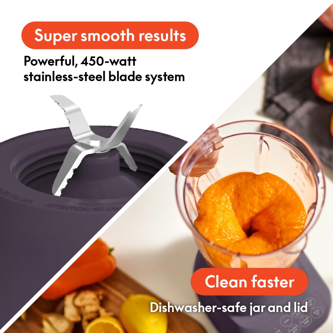 Bella 10-Speed Countertop Blender with Juicer & Smoothie Maker - Compact Fits-Anywhere™ Design, 48oz Dishwasher-Safe Pitcher, 450W Stainless Steel Blade - Perfect for Smoothies, Juicing & Meal Prep - Plum Color