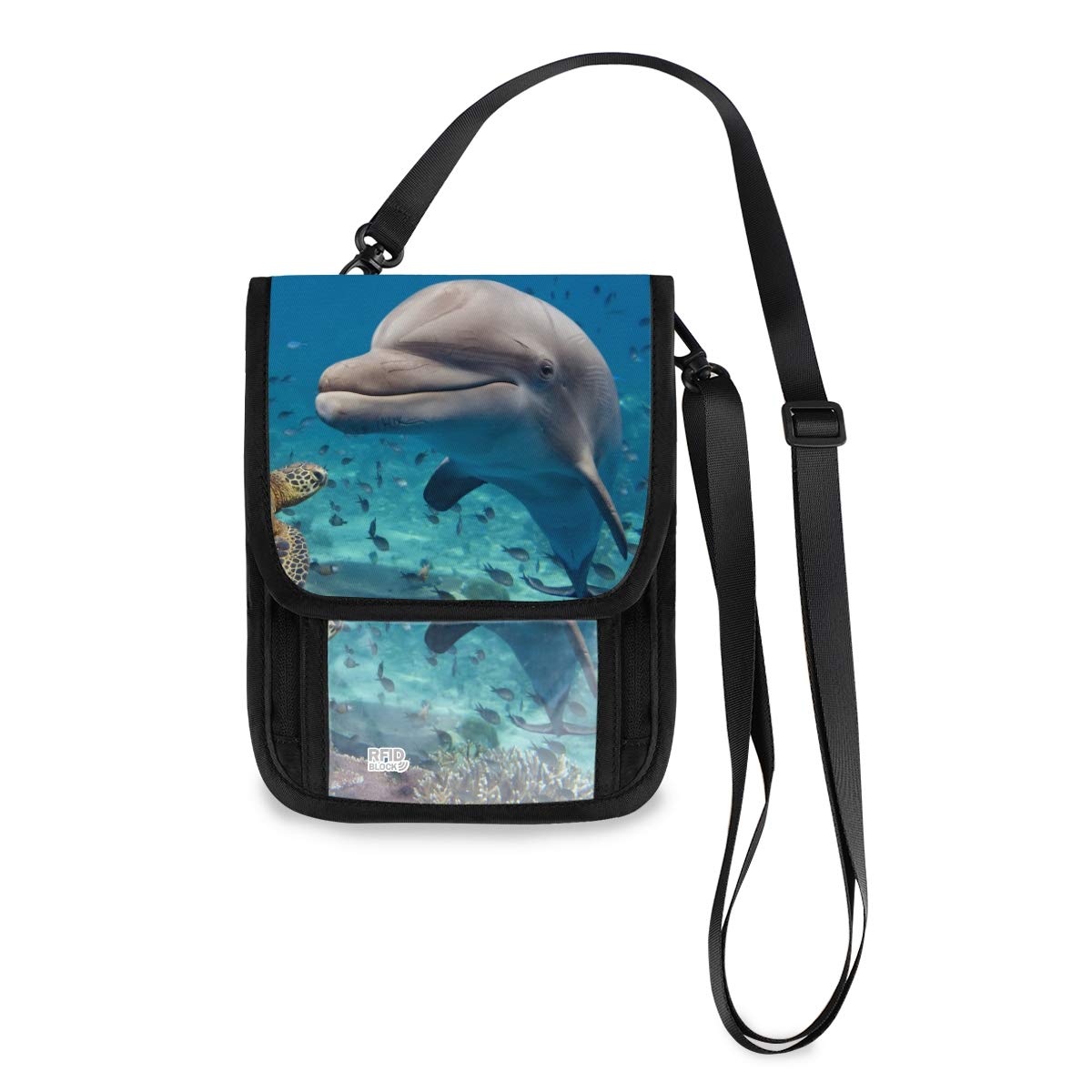 ALAZA RFID Blocking Underwater Dolphin & Turtle Print Crossbody Wallet - Slim Phone Bag with Credit Card Slots & Passport Holder - Perfect for Travel, Beach & Water Activities