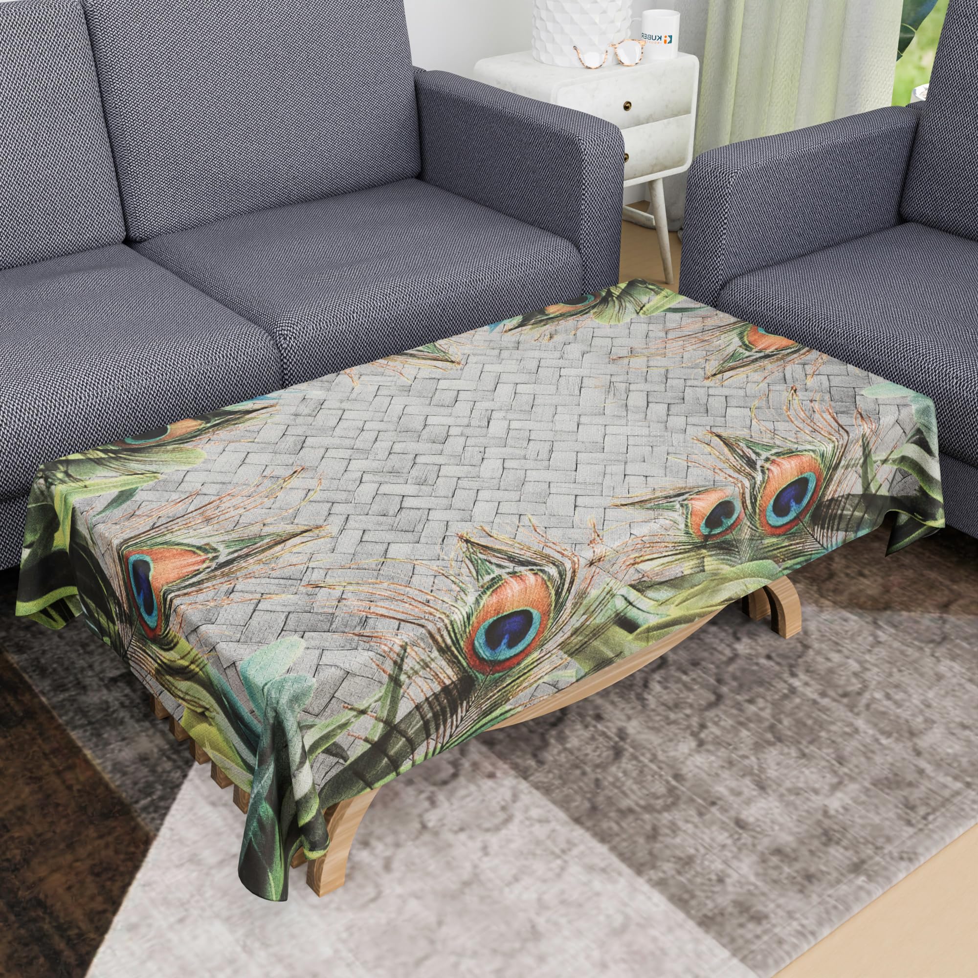 Kuber Industries 40x60 Inch Cotton Table Cover - 4 Seater Kitchen Tablecloth with Mor Pankh Print in Green | Decorative Dining Table Protector | Perfect for Dining Room, Tea Party & Home Decor