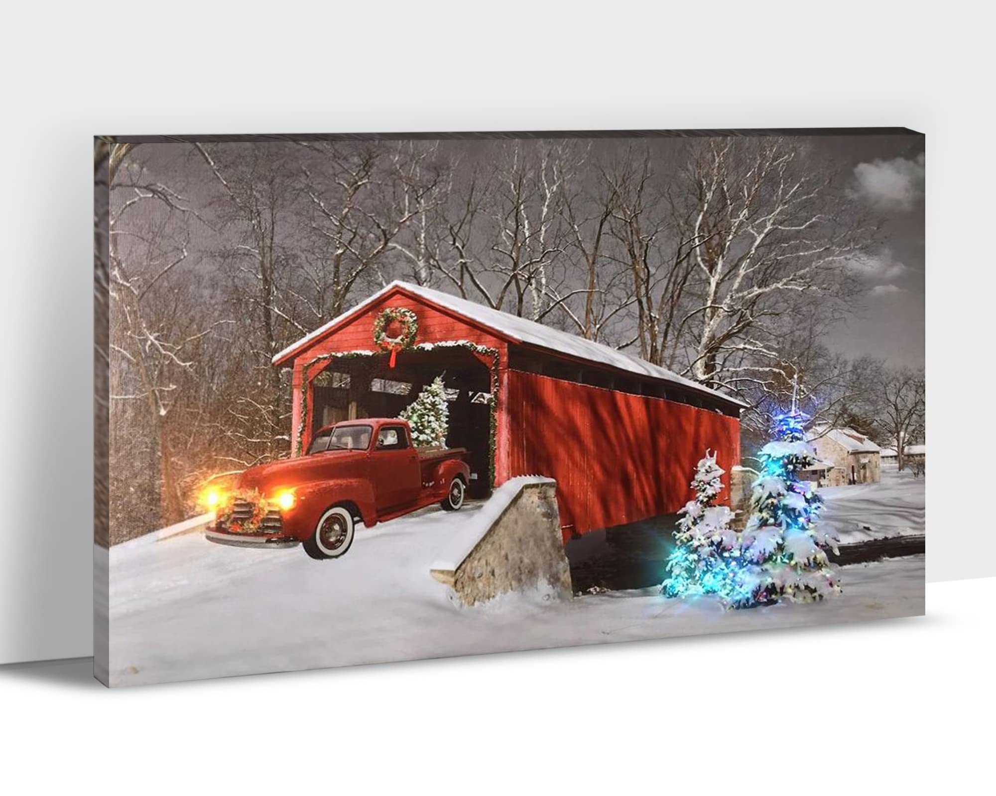 Farmhouse Wall Decor - Rustic Truck Canvas Art Print, Red Vintage Truck Picture for Living Room, Bedroom & Office, Modern Old Car Wall Art, Christmas Truck Framed Home Decor (28x40 Inches) - Perfect for Farmhouse, Rustic & Holiday Home Decoration