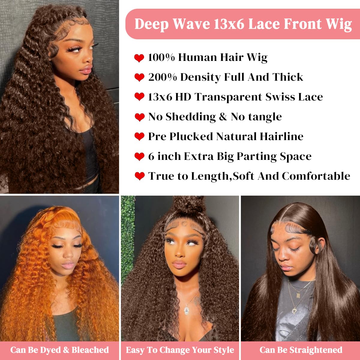 200 Density Chocolate Brown 30 Inch 13x6 HD Deep Wave Lace Front Wig - 100% Human Hair Colored Curly Lace Frontal Wigs with Pre-Plucked Natural Hairline | Glueless & Breathable for Daily Wear, Parties & Special Occasions