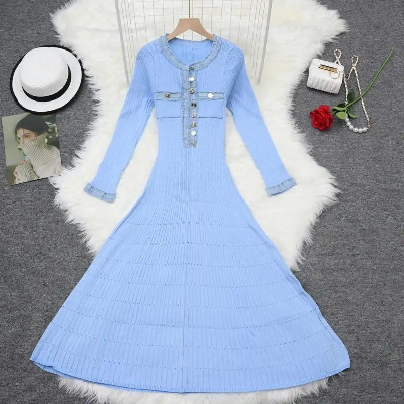 2024 Autumn Women's Patchwork Knit Dress - Black White Blue Single Breasted Elegant French Style Long Sleeve Dress for Fall Festival & Holiday Parties | Perfect for Office, Date Night & Special Occasions