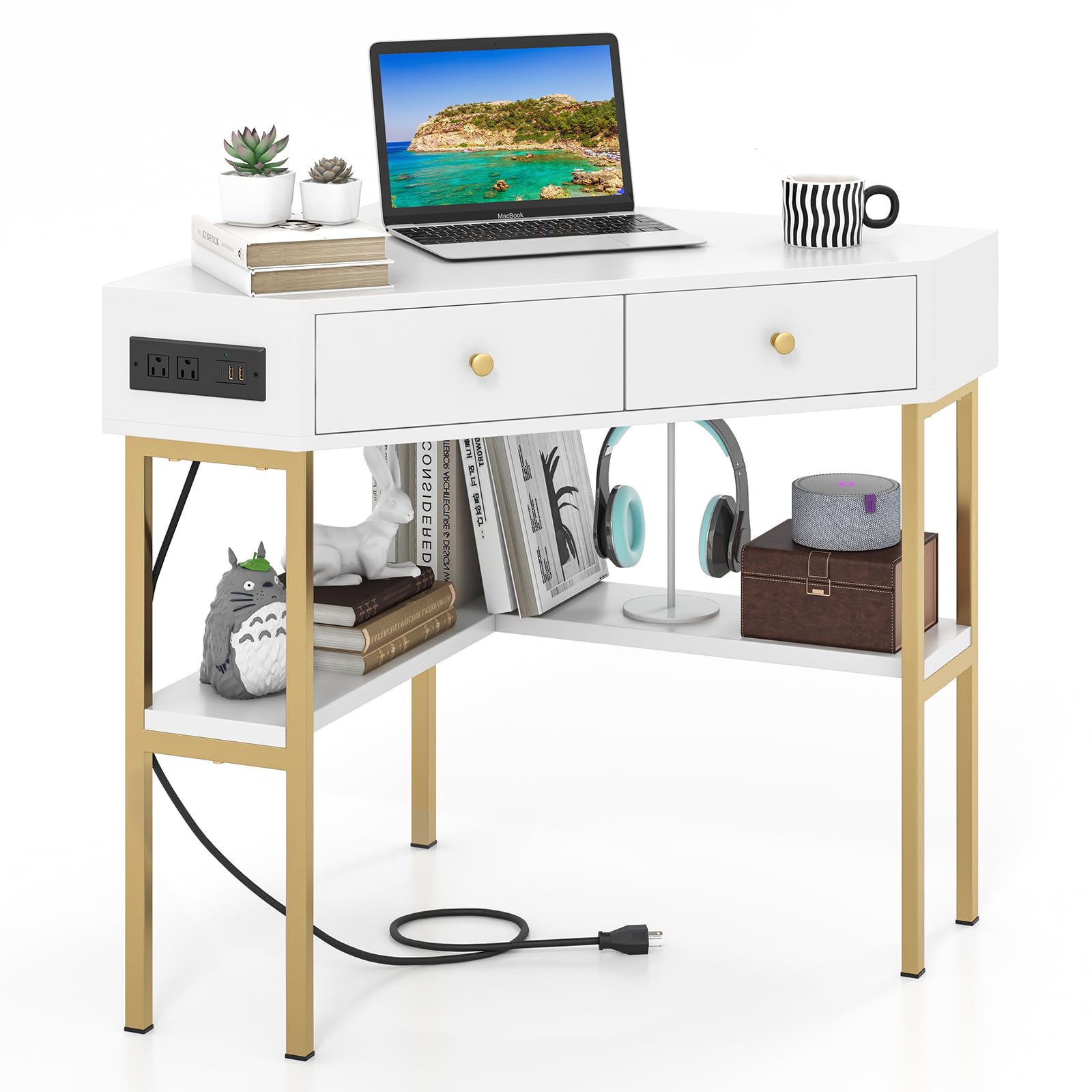 Tangkula White Corner Desk with 2 Drawers & Built-in Charging Station - 90° Triangle Computer Desk for Small Spaces, Bedroom & Office - Compact Writing Desk with Storage Shelves - Perfect for Home Office, Dorm Room & Makeup Vanity