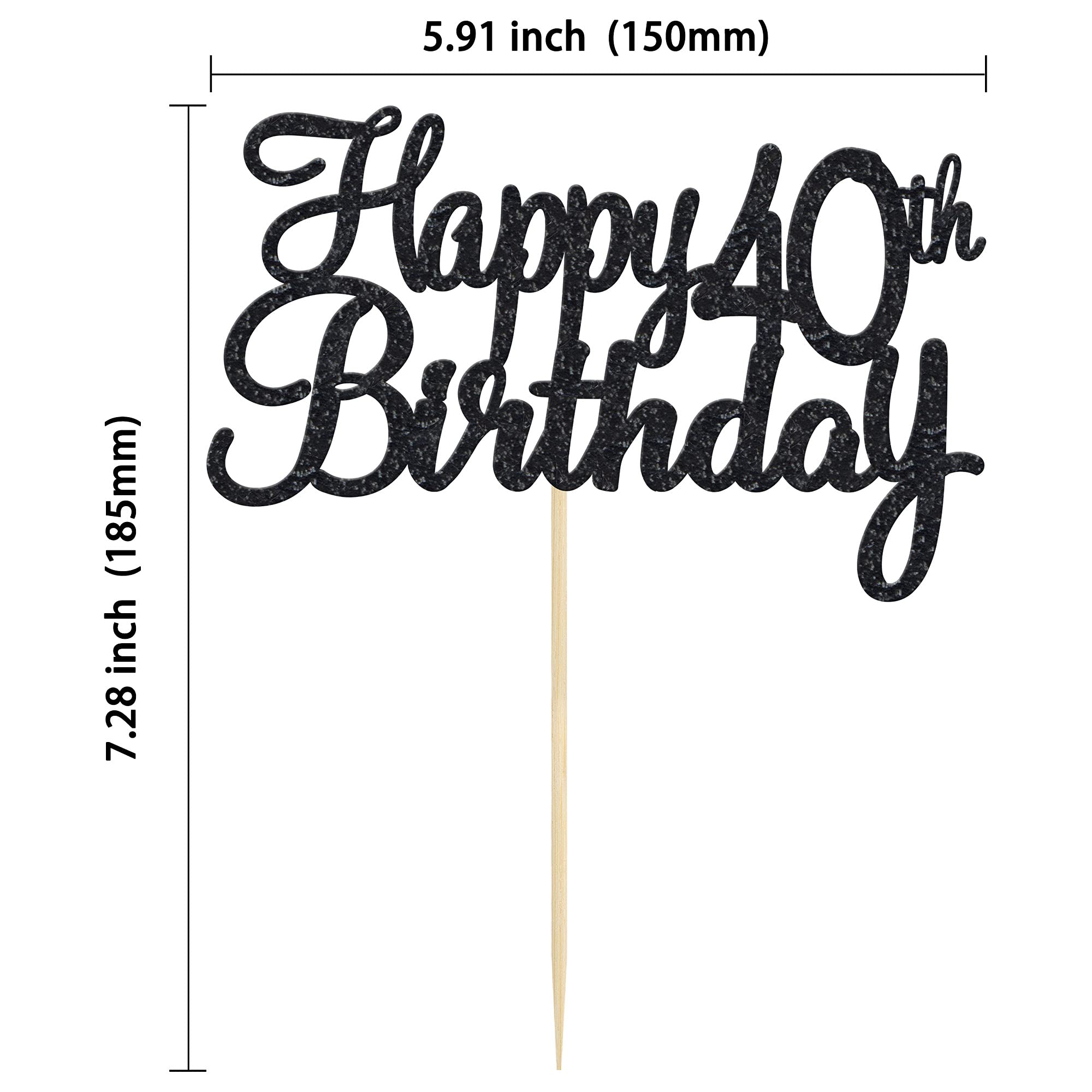 Happy 40th Birthday Cake Topper - Black Glitter 'Cheers to 40 Fabulous' Cake Decoration for 40th Birthday Party Supplies | Perfect for Anniversary Celebrations, Milestone Birthdays & Festive Decorations