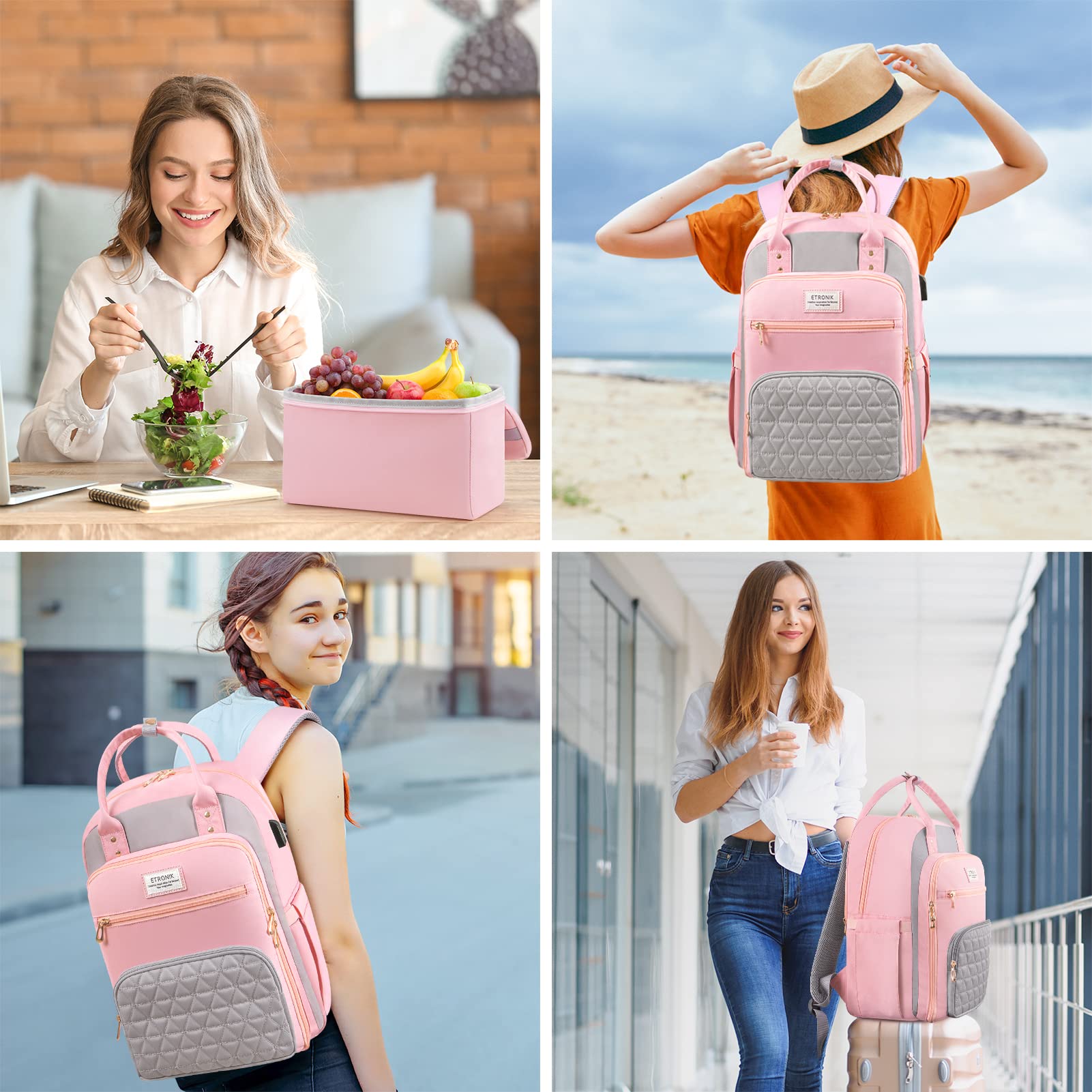 ETRONIK 15.6 Inch Laptop Backpack with USB Charging Port & Insulated Lunch Cooler - Waterproof Work Backpack for Women & Men, School Travel Backpack for Nurse, Teacher, Office Professionals (Pink) - Perfect for Commuting, Business Trips & College Campus Use