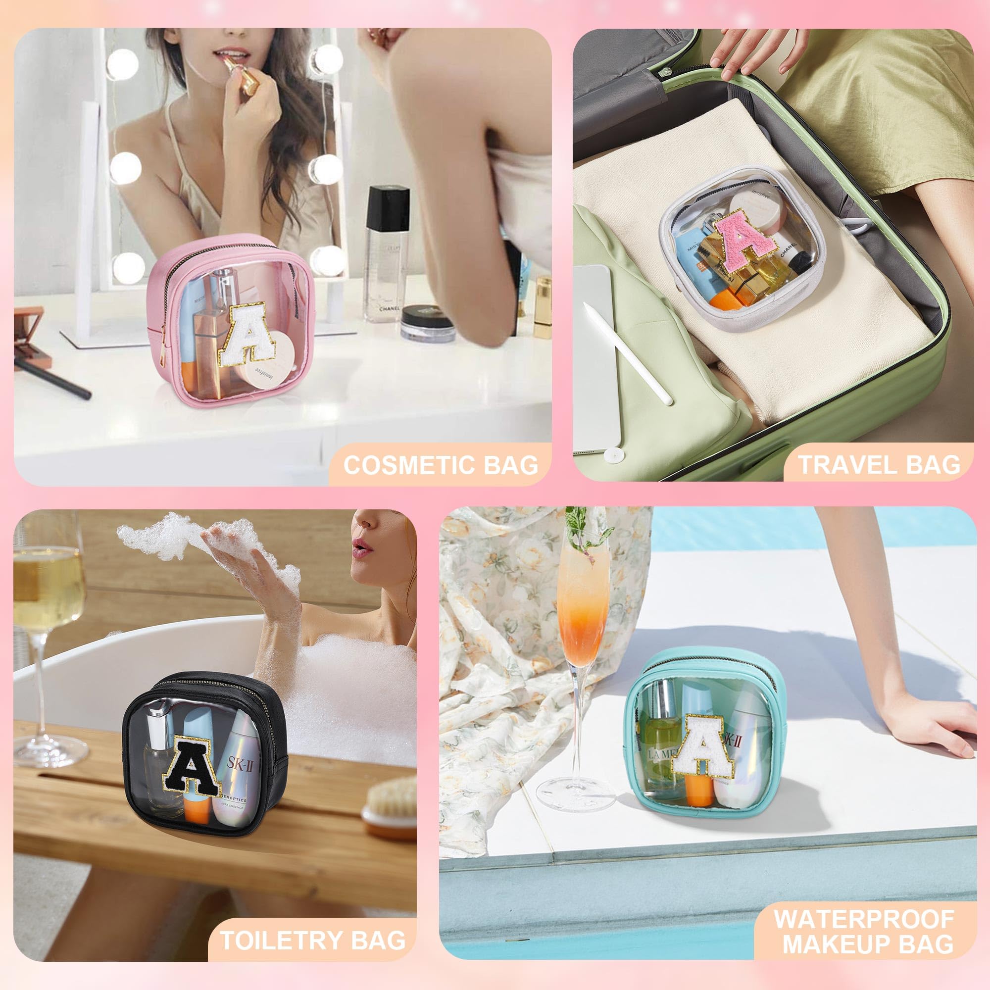 YOOLIFE Initial Mini Makeup Bag - Clear Travel Toiletry Cosmetic Organizer | Preppy Pink Makeup Pouch for Women & Teens | Perfect Gift for Girlfriend, Teacher Birthday | Great for Travel, Gym & Daily Essentials Storage