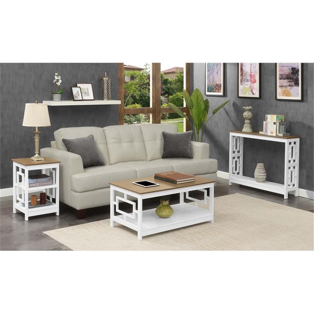 Pemberly Row White Wood End Table with Driftwood Top & Shelves - Perfect for Living Room, Bedroom, or Office Storage Decor