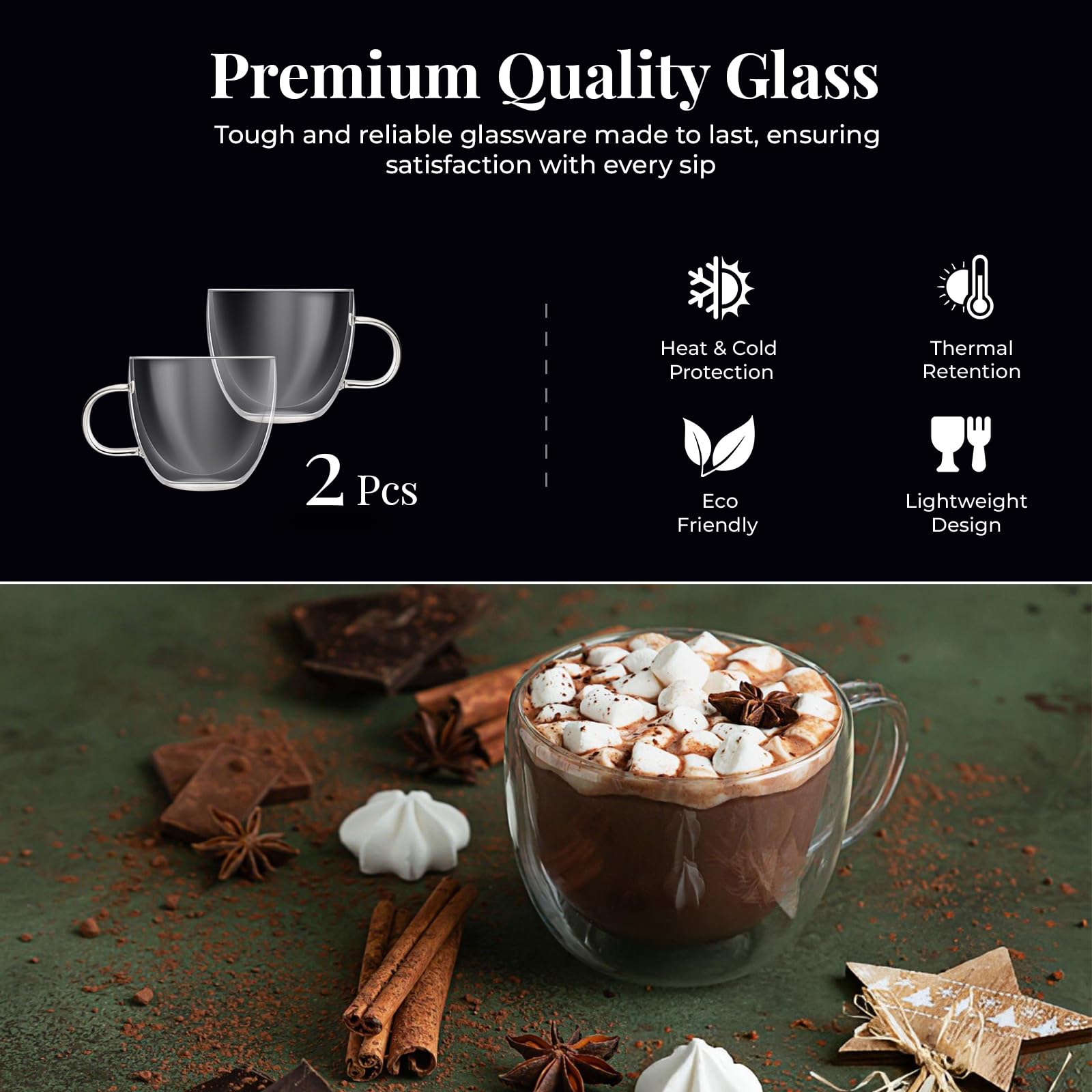 3oz Double Wall Insulated Glass Mugs - Set of 2 for Coffee, Tea, Cappuccino, Iced Coffee & Hot Beverages - Microwave & Dishwasher Safe - Perfect for Home, Office & Outdoor Use