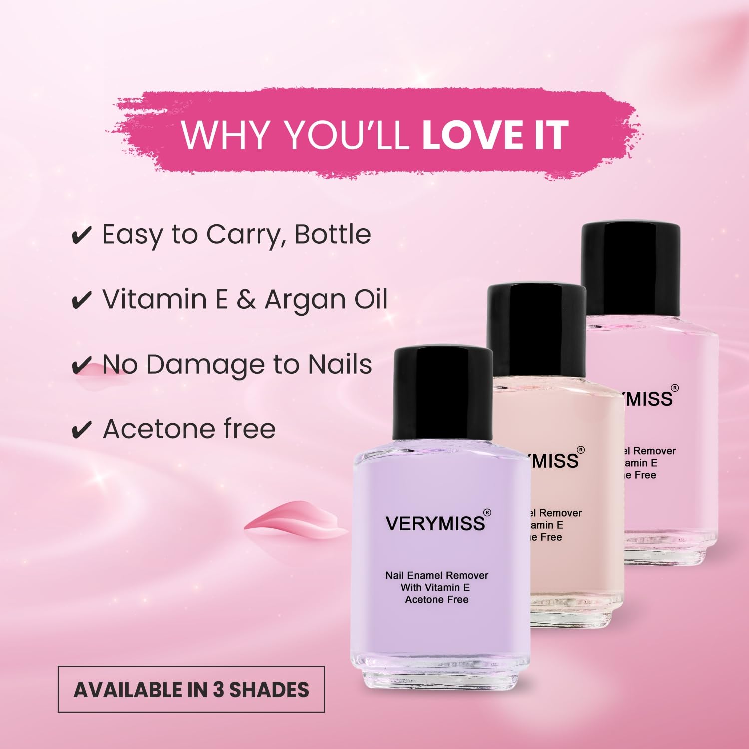 VERYMISS Pink Nail Polish Remover - Acetone Free, Vitamin E Enriched, 100% Vegan & Cruelty Free - 50ml Bottle for Gentle At-Home Manicures & Nail Care