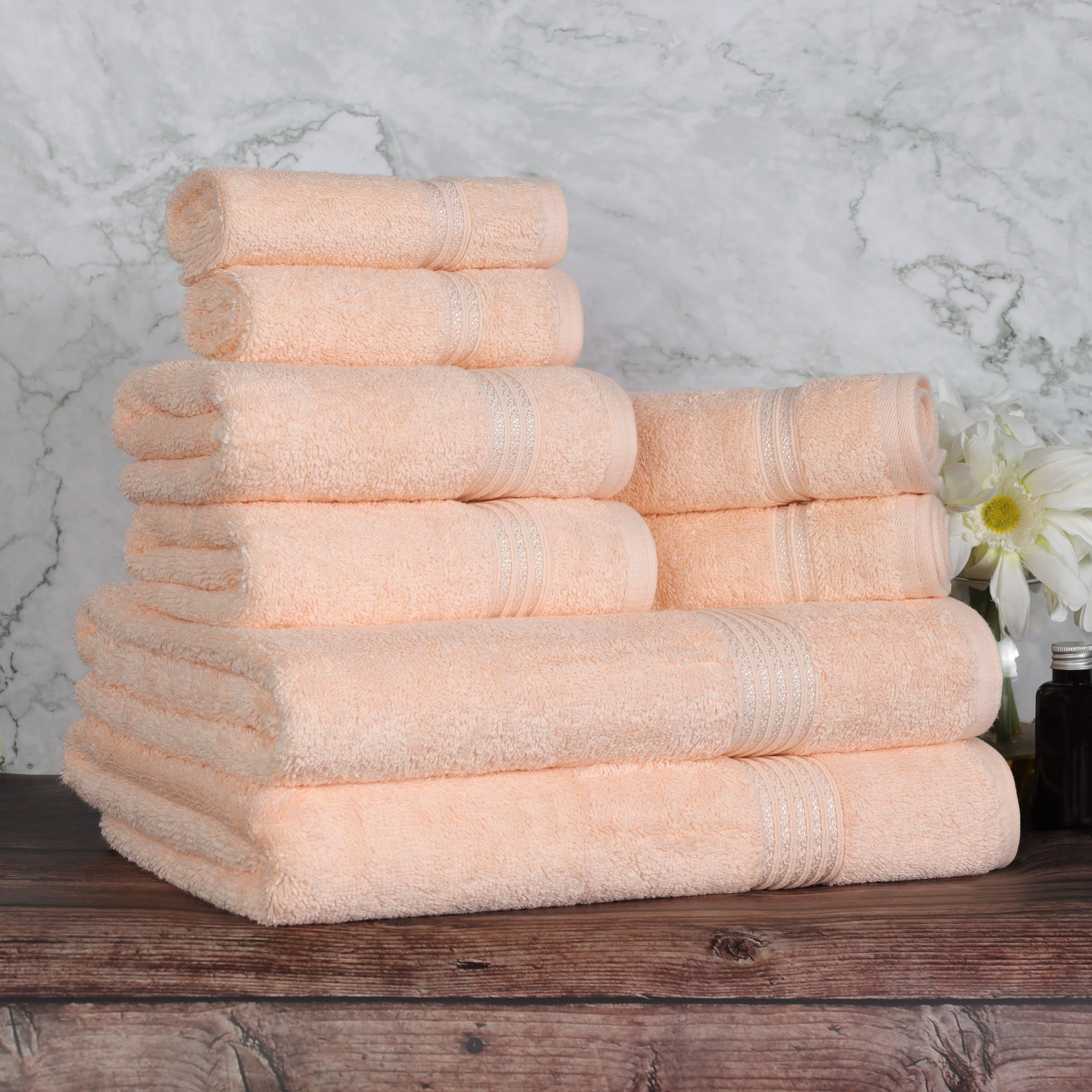 Premium BNM Egyptian Cotton 8-Piece Towel Set - Ultra Soft & Absorbent Bath, Hand & Face Towels for Luxury Bathroom, Master Suite & Guest Bath Decor - Includes 2 Bath Towels, 2 Hand Towels & 4 Washcloths - Quick Dry, Hypoallergenic - Perfect for Spa Days, Hotel-Style Bathrooms & Thoughtful Housewarming Gifts (Peach)