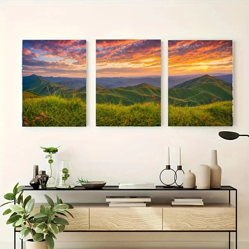 3-Piece Vibrant Sunset Over Mountainous Landscape Metal Wall Art - Ready to Hang, Perfect for Living Room, Bedroom & Office Decor
