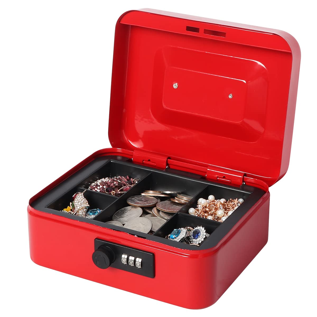 Lovndi Small Metal Cash Box with Combination Lock - 7.87 x 6.3 x 3.54 Inch Money Storage Box with Removable Tray, Secure Cash Holder for Home, Office, or Retail Use (Red)