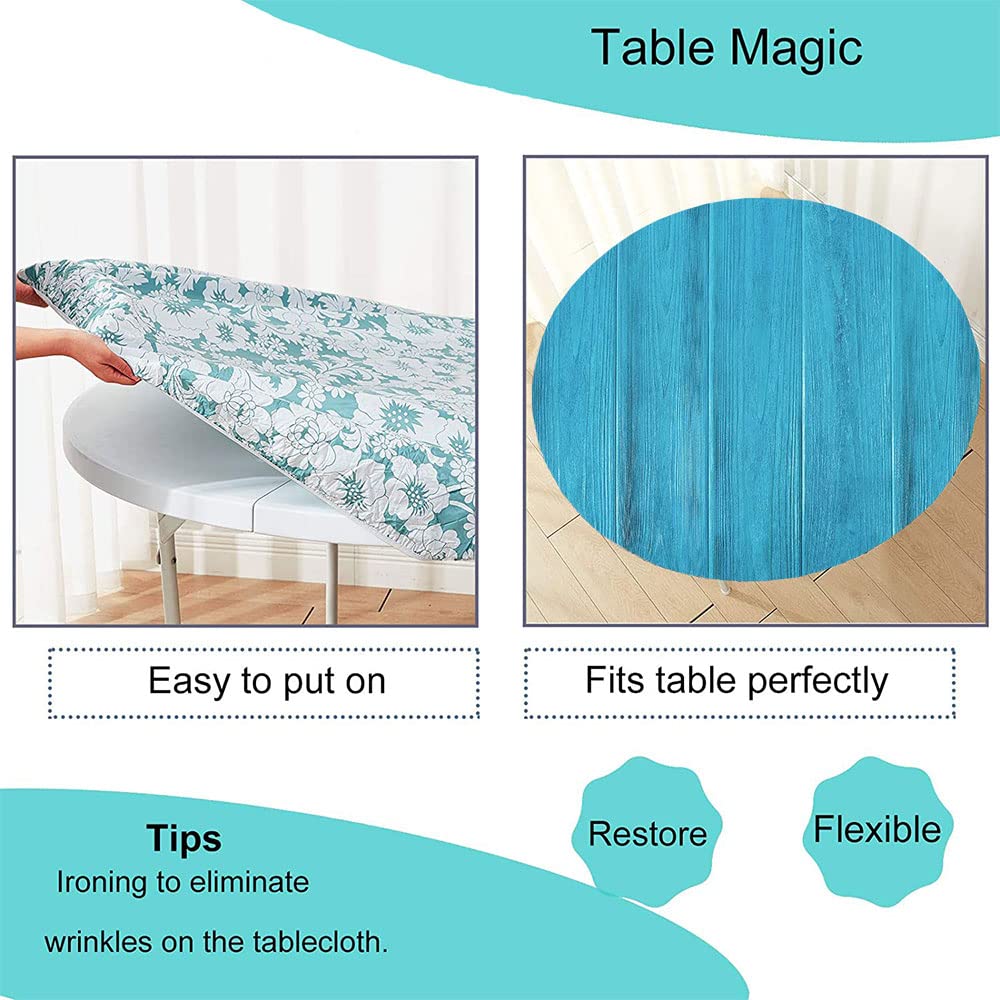 Wood Plank Round Tablecloth - Waterproof & Wipeable Elastic Edge Table Cover with Wood Texture Print - Fits 32 Inch Dining Tables - Perfect for Buffet Parties, Camping & Outdoor Dining