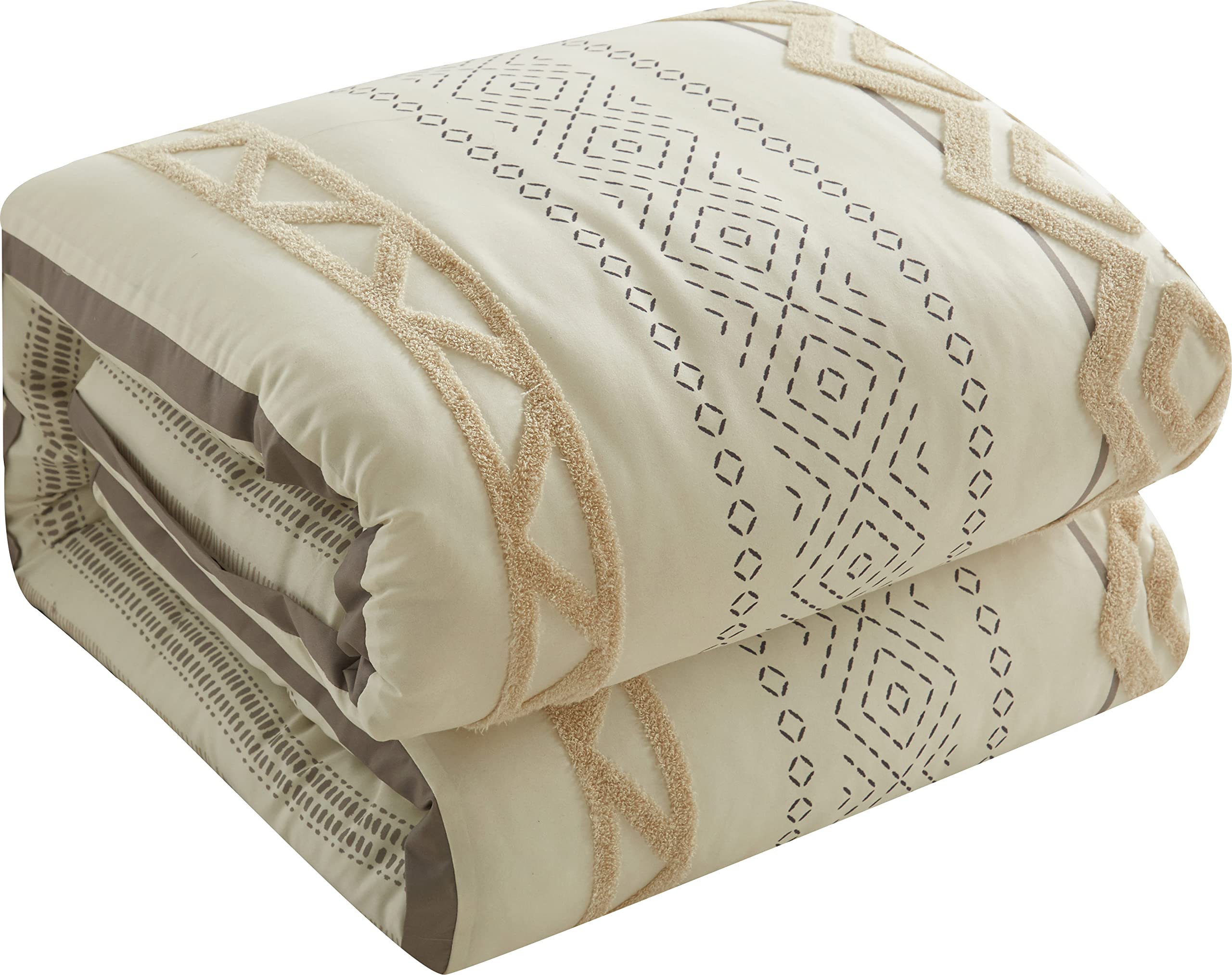 Boho Geometric Queen Bed Set - 7 Piece Comforter Set with Beige/Ivory Print & Terry Embroidery | Premium Lightweight Microfiber Bedding | Perfect for Bohemian Bedroom Decor & Guest Room Styling