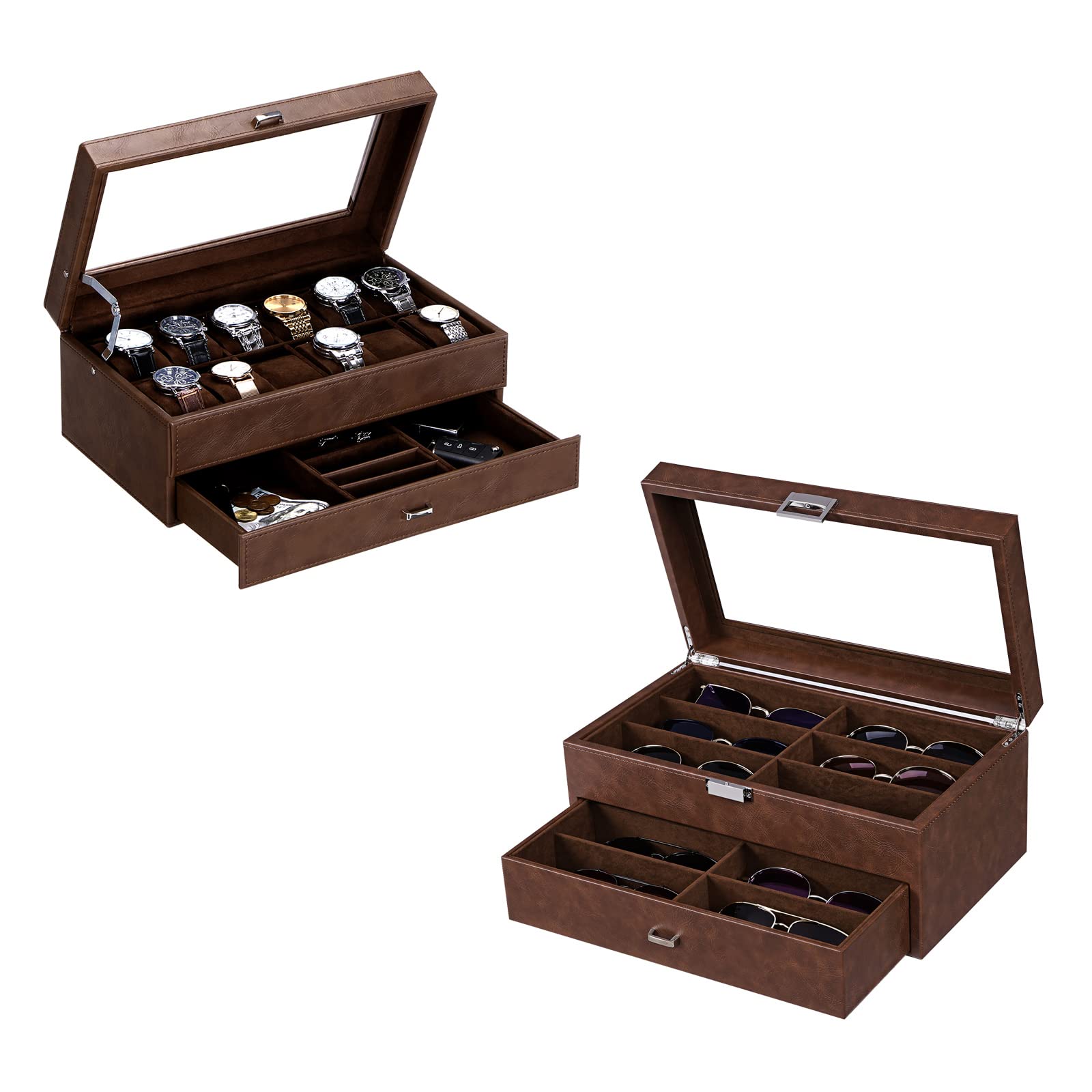 Premium BEWISHOME 12-Slot Luxury Watch Box & Sunglasses Organizer Case for Men and Women - Perfect for Travel, Home Storage, and Gift Giving