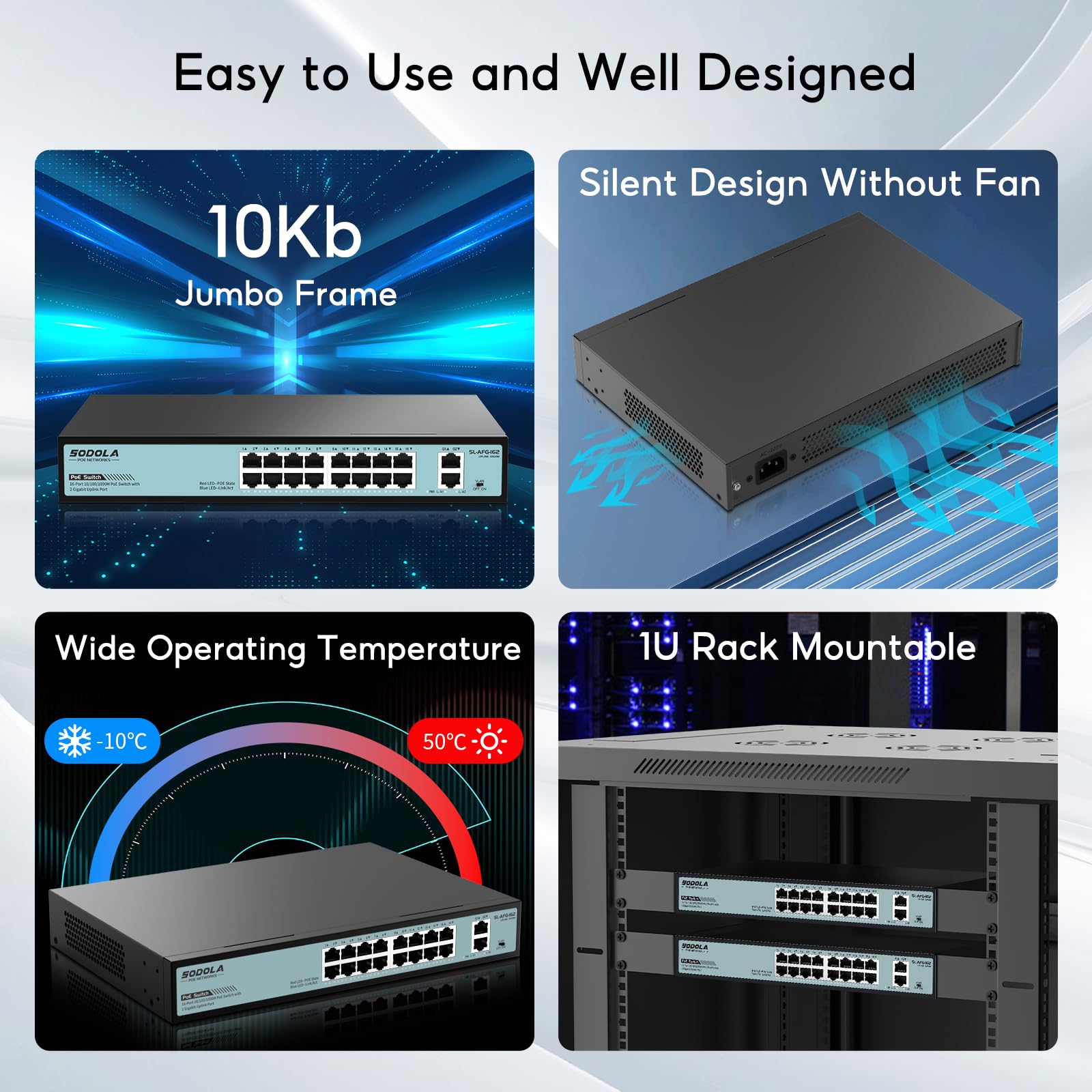 16 Port Gigabit PoE Switch 400W with 2 Gigabit Uplink Ports, 802.3af/at Compliant, Port Isolation & Metal Casing - 1U Rackmount Unmanaged Network Switch for IP Cameras, VoIP Phones & Wireless Access Points