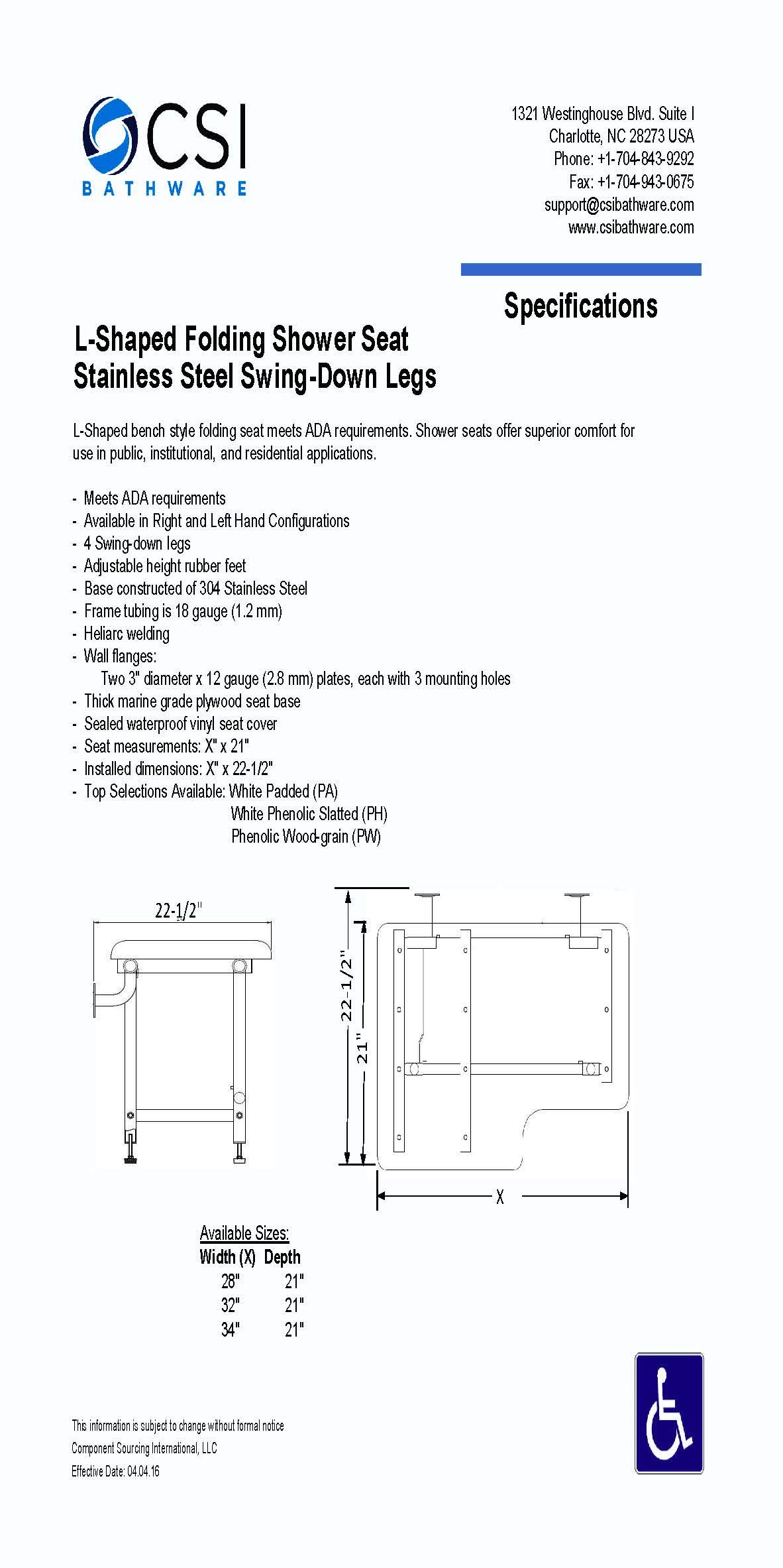 ADA Compliant Folding Wall-Mounted Shower Bath Seat - Left Hand Rectangular Design with Padded Seat (28