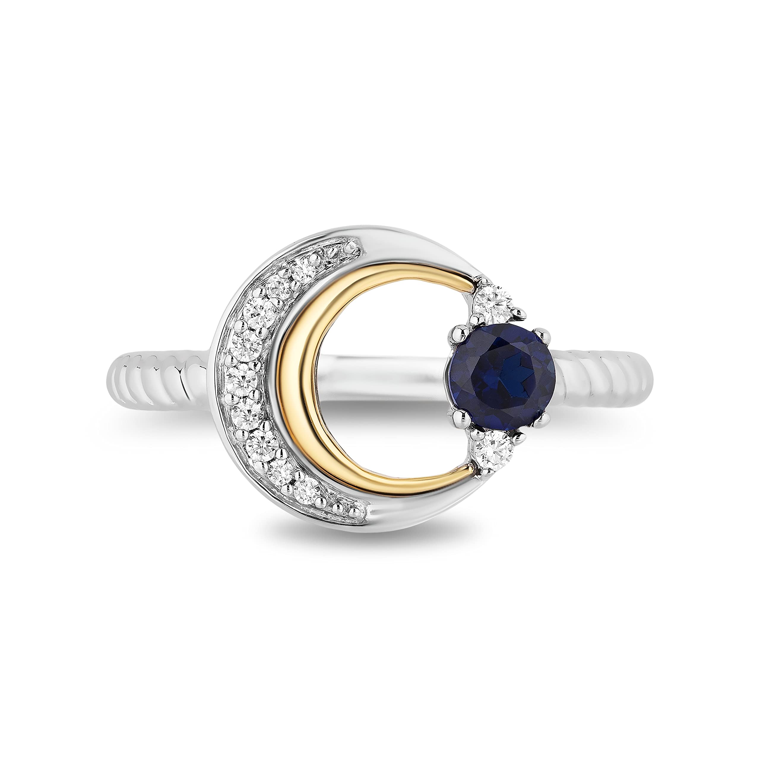 Jewelili Hallmark Fine Jewelry Crescent Moon Ring for Women - Sterling Silver & 14K Yellow Gold Band with 4mm Round Blue Sapphire & 1/10ct Natural Diamond | Elegant Gift Box | Perfect for Birthdays, Anniversaries & Special Occasions